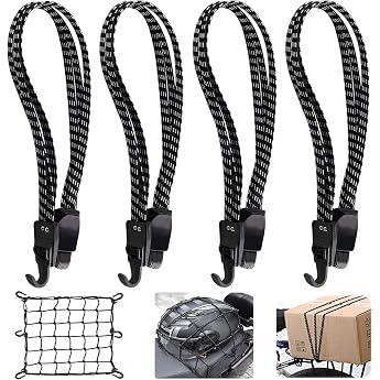 Lashing Strap Expander Bicycle Pannier Rack Rubber Tensioner 3-in-1 Luggage Straps with Hook Adjustable Elastic for Pannier Rack Bicycle Pannier Rack Motorcycle Luggage 4 Pieces Motorcycle Tie Down Straps + 1 Piece Luggage Net