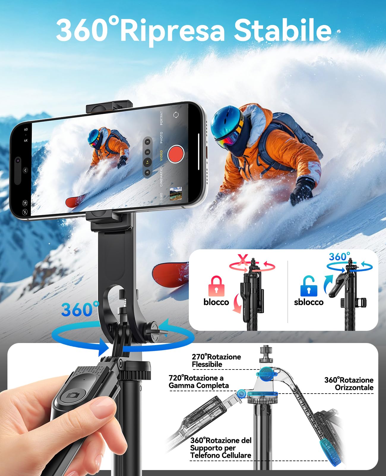 ORICO Treppiede per Smartphone/iPhone Bastone Selfie, Cavalletto con Telecomando Rimovibile, Manico 360° Girevole, 175cm Tripod per Foto di Gruppo, Vlog e Live