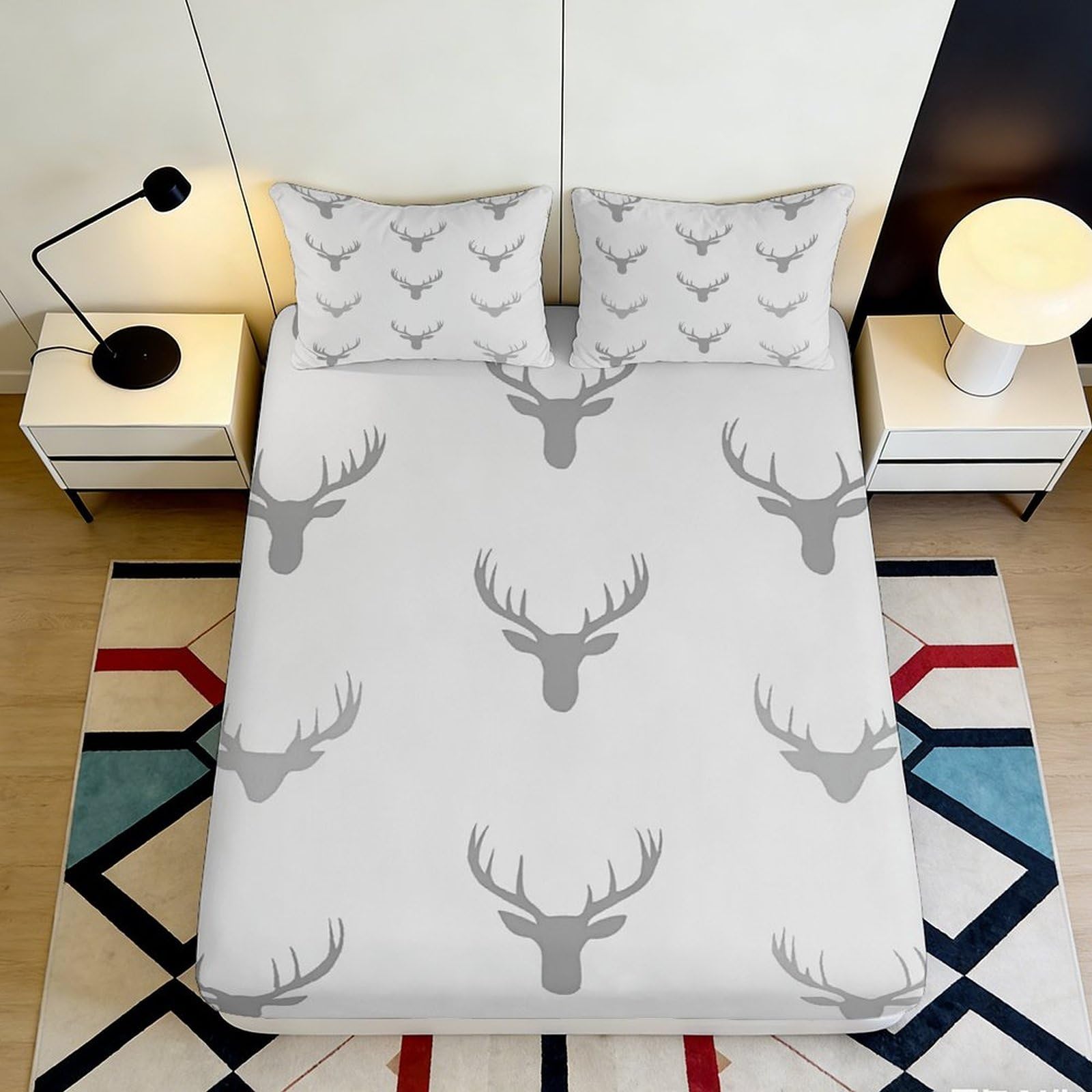 3D Printed Deer Antler Fitted Sheet Microfiber Soft Grey Elk Bed Sheet for Bedroom Dorm Mattress Protection Decor 90x200x25cm
