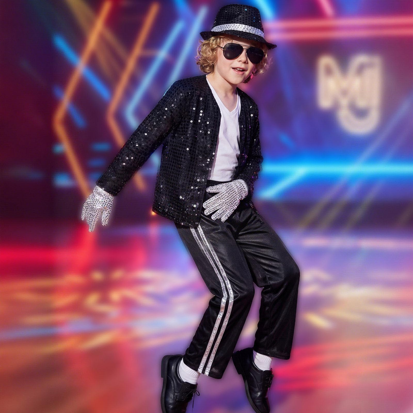 Child King Of Pop Musician Costume 7-Piece Set Sequin Jacket Striped Pants With Hat Sunglasses Gloves And T-Shirt 80s 90s Music Icon For Halloween Party Stage Performance And Fancy Dress - Image 3