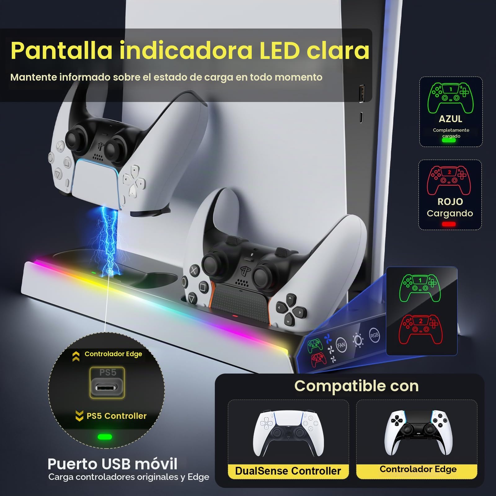 Fenolical Soporte Delgado para PS5/PS5 con Ventilador de Refrigeración Ajustable, Soporte de Cargador de Refrigeración Vertical PS5 para PS5/PS5 Slim, Estación de Refrigeración Delgada Multifuncional