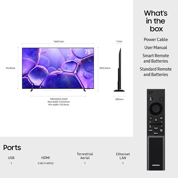 Samsung Smart TV 75'' U8000F Crystal UHD 4K TV, Crystal Processor 4K, Motion Xcelerator, Gaming Hub, Knox Security, Metal Stream Design [2025] [Energy Class G]