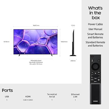 Samsung Smart TV 75'' U8000F Crystal UHD 4K TV, Crystal Processor 4K, Motion Xcelerator, Gaming Hub, Knox Security, Metal Stream Design [2025] [Energy Class G]
