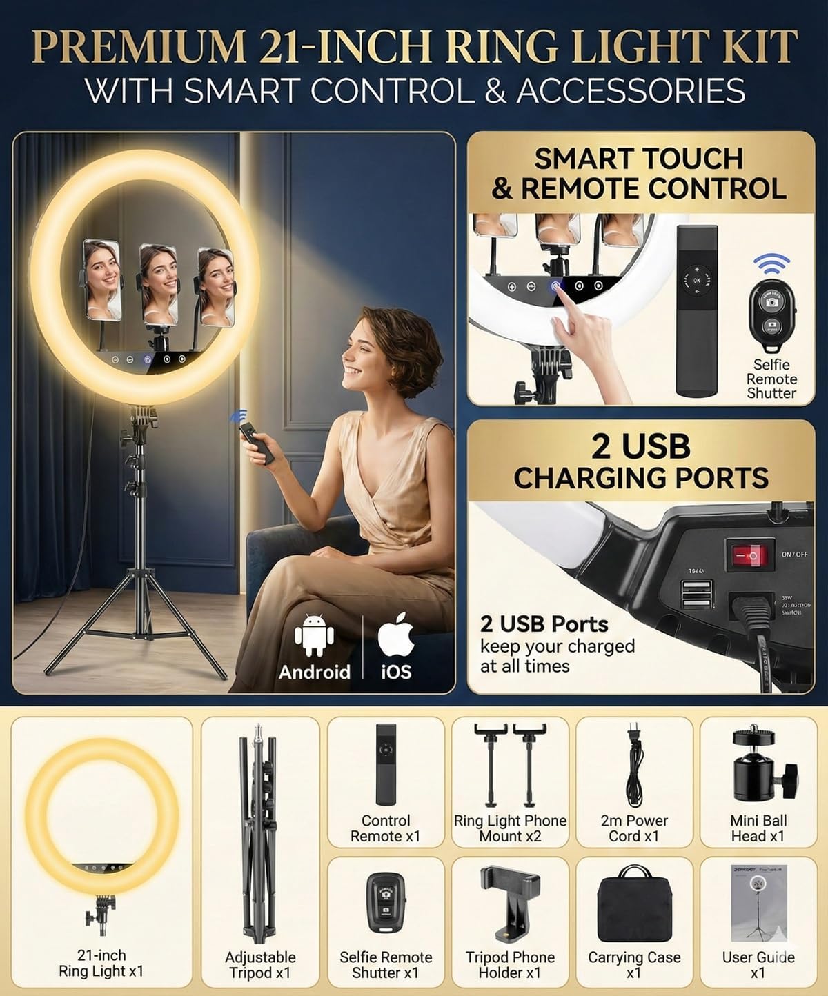 21" Ring Light with Tripod Stand, 55W LED Dimmable 3000K-6000K, CRI≥95, Phone and Camera Mount, Remote for TikTok, YouTube, Makeup, Photography