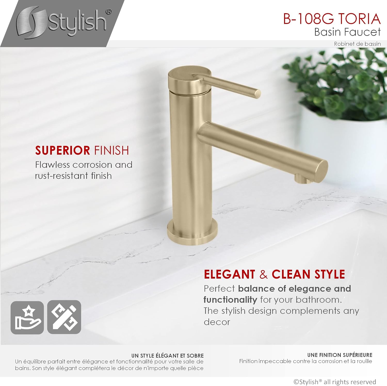 Stylish Single Handle Bathroom Faucet Solid Stainless Steel Construction 1 Hole Vanity Sink Faucet Brushed Gold Finish, B-108G