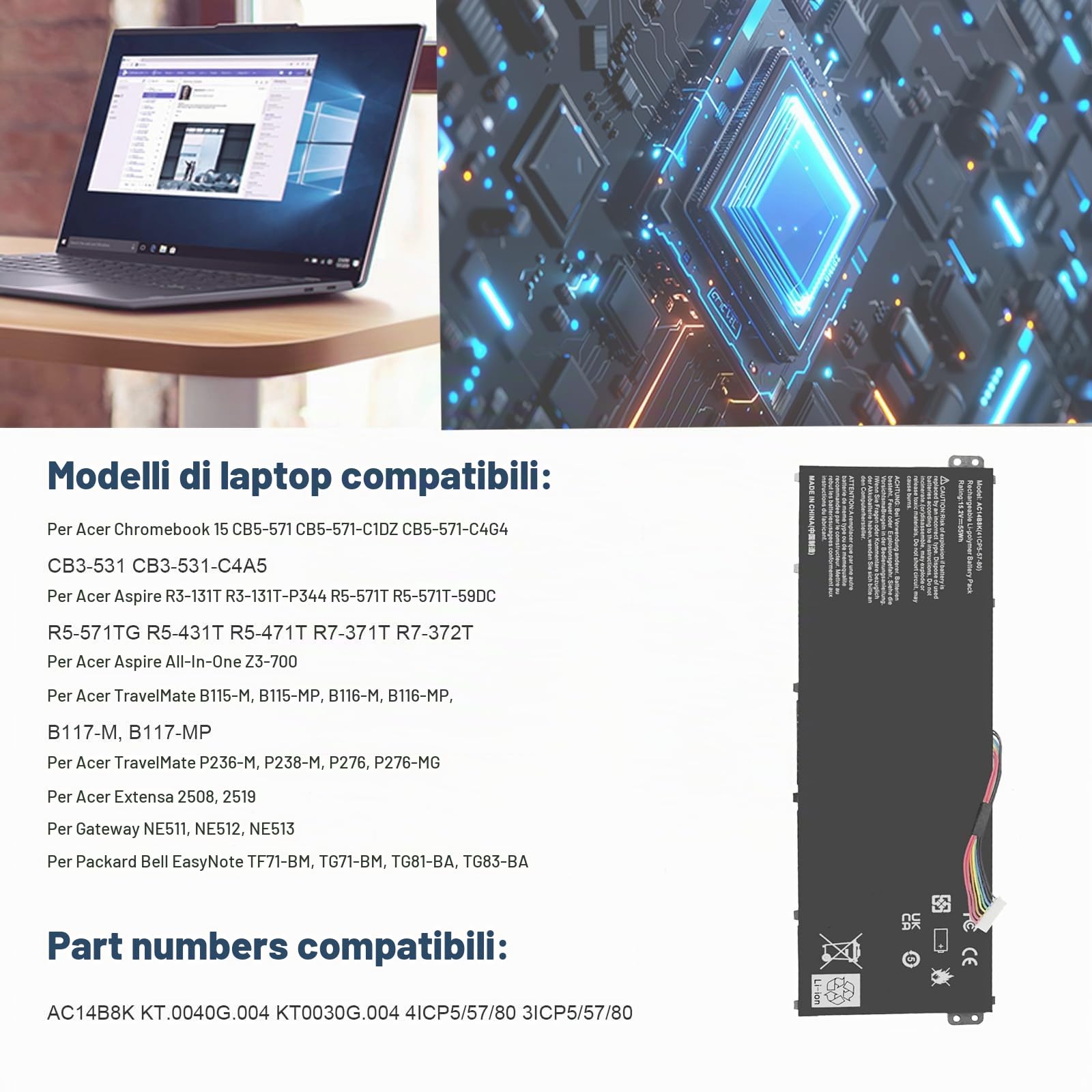 AC14B8K AC14B3K Batteria di ricambio per computer portatile Aspire A515-51 A517-51 E3-111 E5-771 ES1-431 ES1-511 ES1-512 V3-111 V3-112P V3-371 Chromebook 13 C8 10 15 C910 TravelMate Spin B1 15,2 V 55