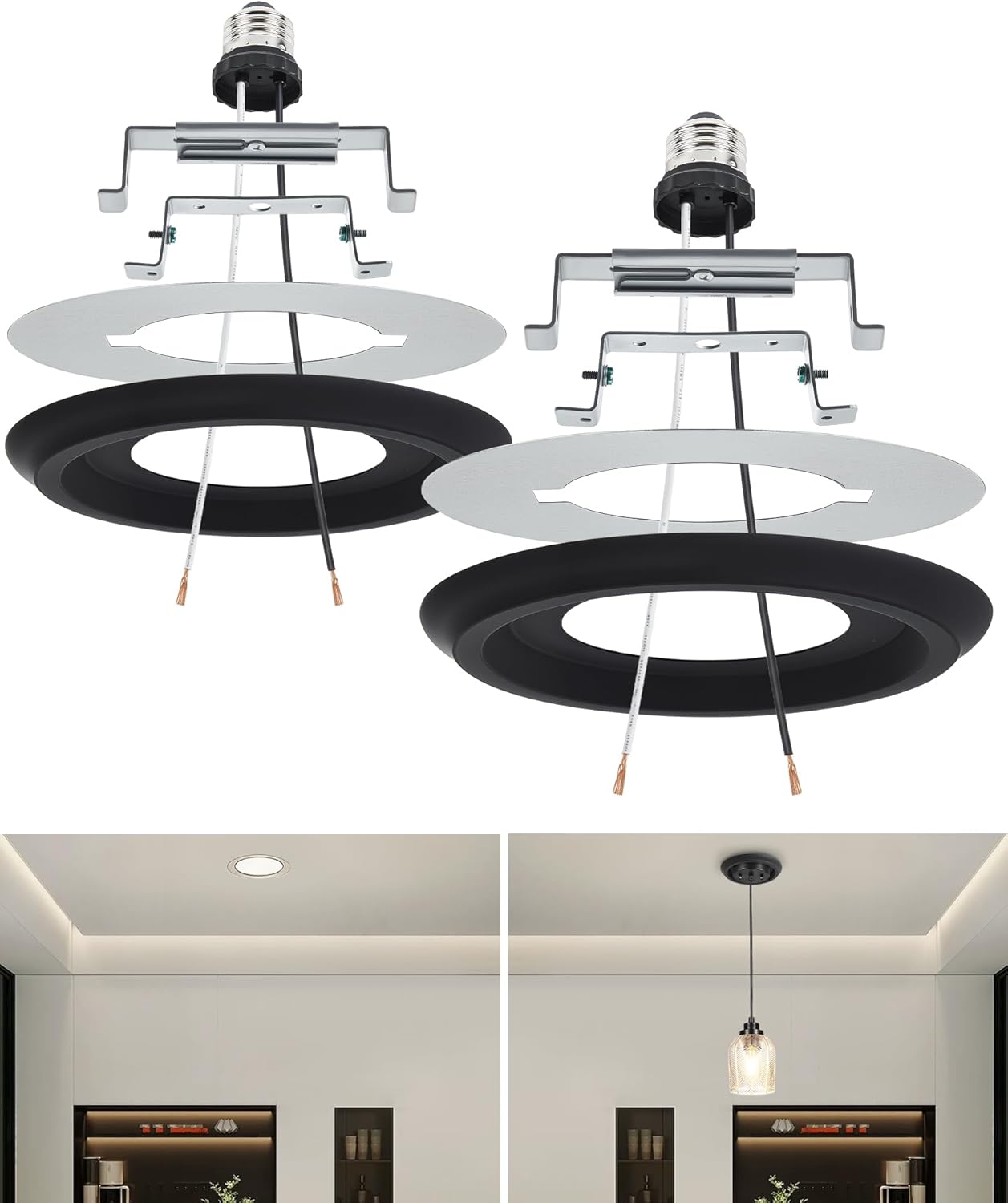 Luvkczc 2-Pack Recessed Can Light Conversion Kit for 5" and 6" Ceiling Fixtures - Pendant/Hanging Light Upgrade, Includes E26 Socket, Mounting Bracket, Round Ceiling Plate（Black）