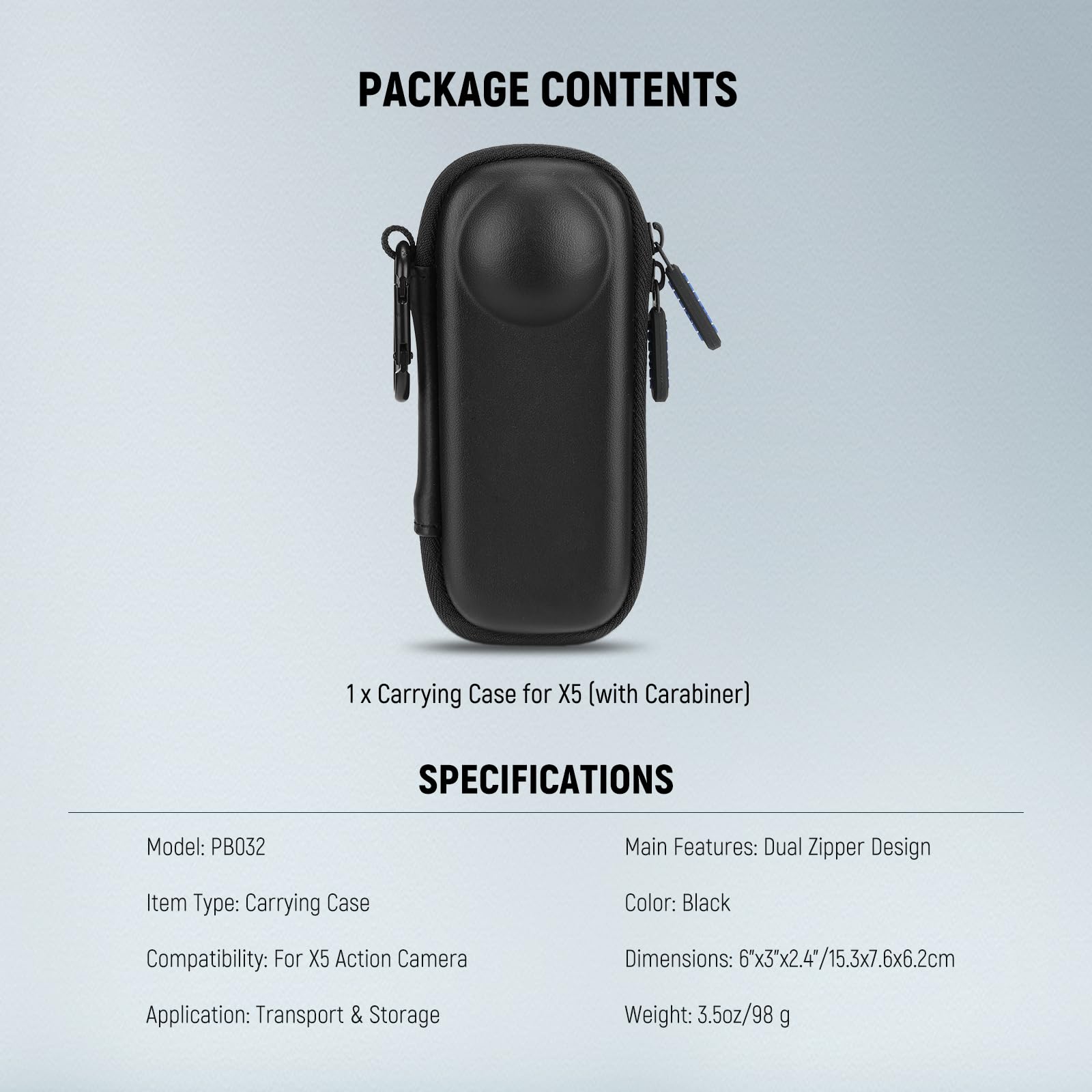NEEWER BASICS Case da Trasporto Compatibile con Insta 360 X5, Piccola Custodia Protettiva Rigida da Viaggio Portatile con Moschettone, Accessori per Action Camera Compatibile con Insta360 X5, PB032
