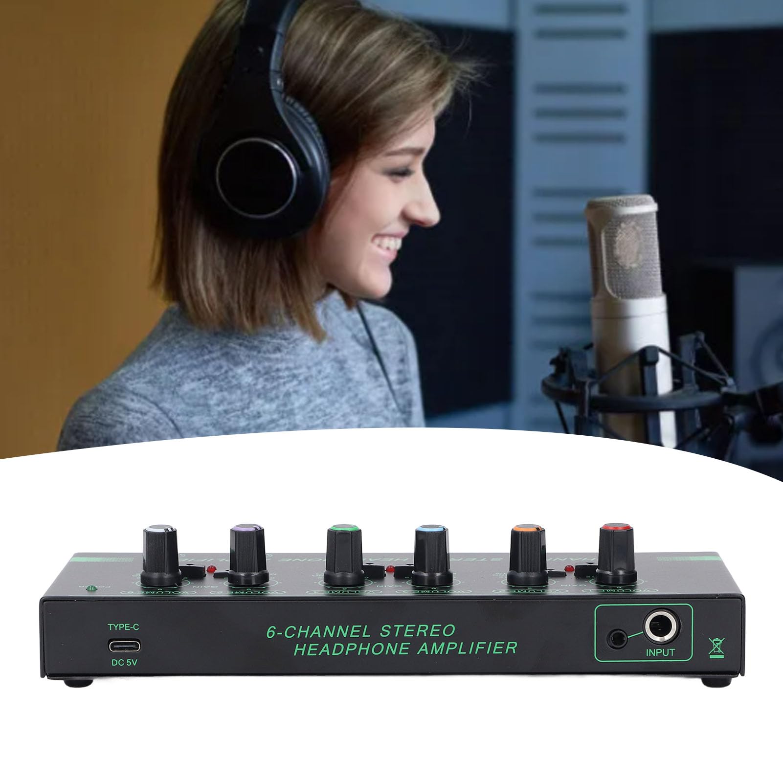 Amplificatore per Cuffie Stereo a 6 Canali Amplificatore per Cuffie Stereo Mini Splitter di Segnale Stereo Mono a 6 Canali con Commutazione per Microfono