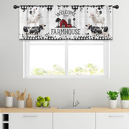 Miniatura 5 de Cinbloo Cortinas de cocina de granja de 52 pulgadas de ancho x 18 pulgadas de alto, bolsillo para cortinero, cenefa de oveja occidental, madera