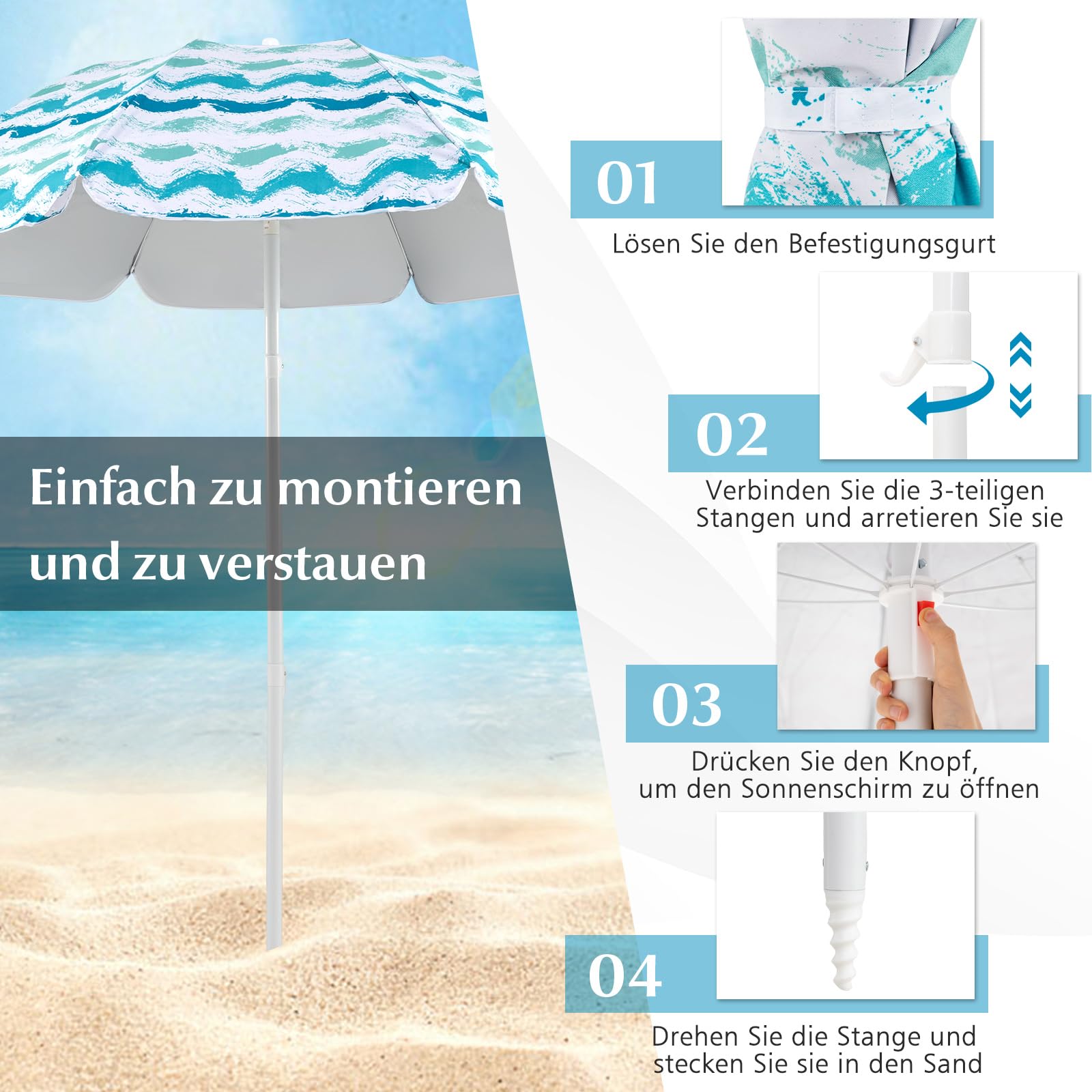 COSTWAY Strandstühle mit Schirm und Stranddecke, Sonnenschirm mit Tragetasche, beidseitig um 30° knickbar, 2 Klappstühle mit Rückentasche, Picknickdecke