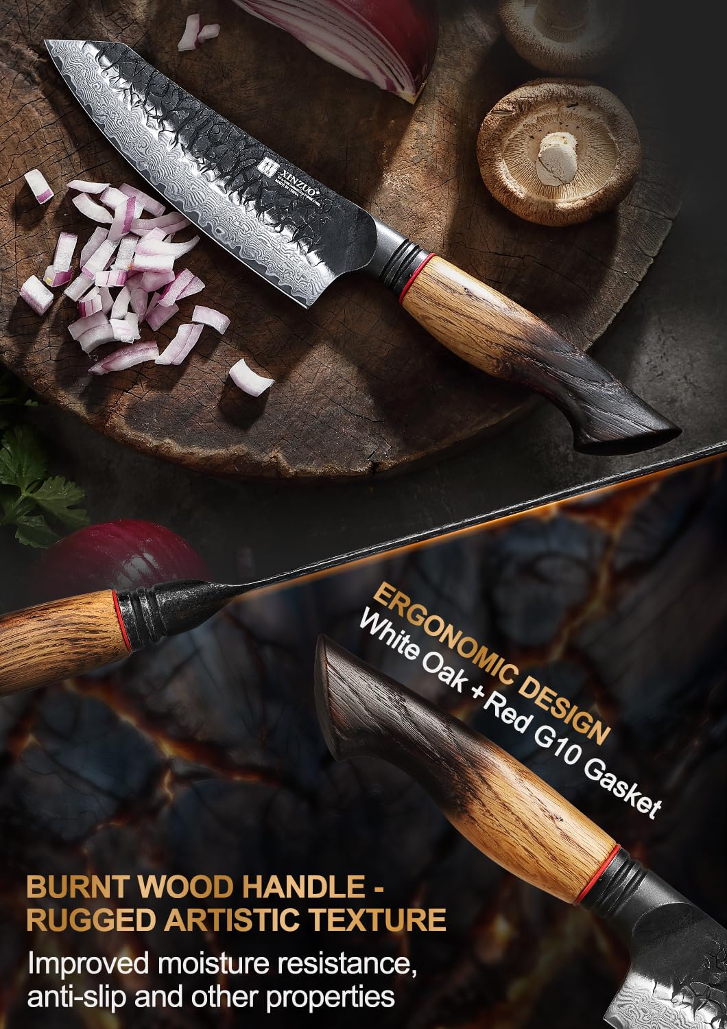 XINZUO 14,5cm Couteau Santoku Acier Damas Noyau en Acier 10Cr15CoMoV -Couteau de Cuisine Forgé à la Main Lames Tranchantes -pour Viande, Poisson, Légumes -Poignée en Chêne Blanc