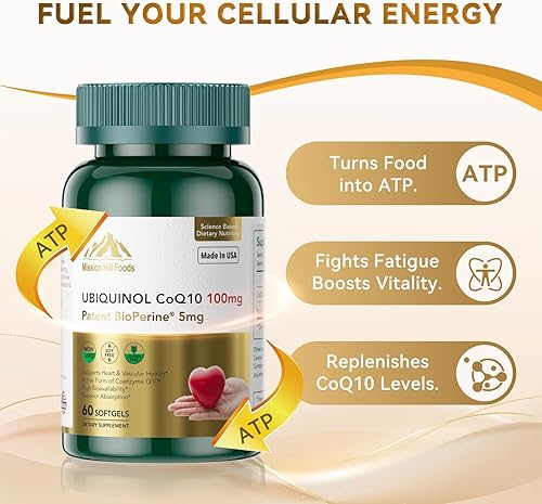Miniatura 3 de Mission Hill Foods Premium Ubiquinol CoQ10 + BioPerine (100 mg) Antioxidante para la salud del corazón (1 botella-60 cápsulas blandas de suministro