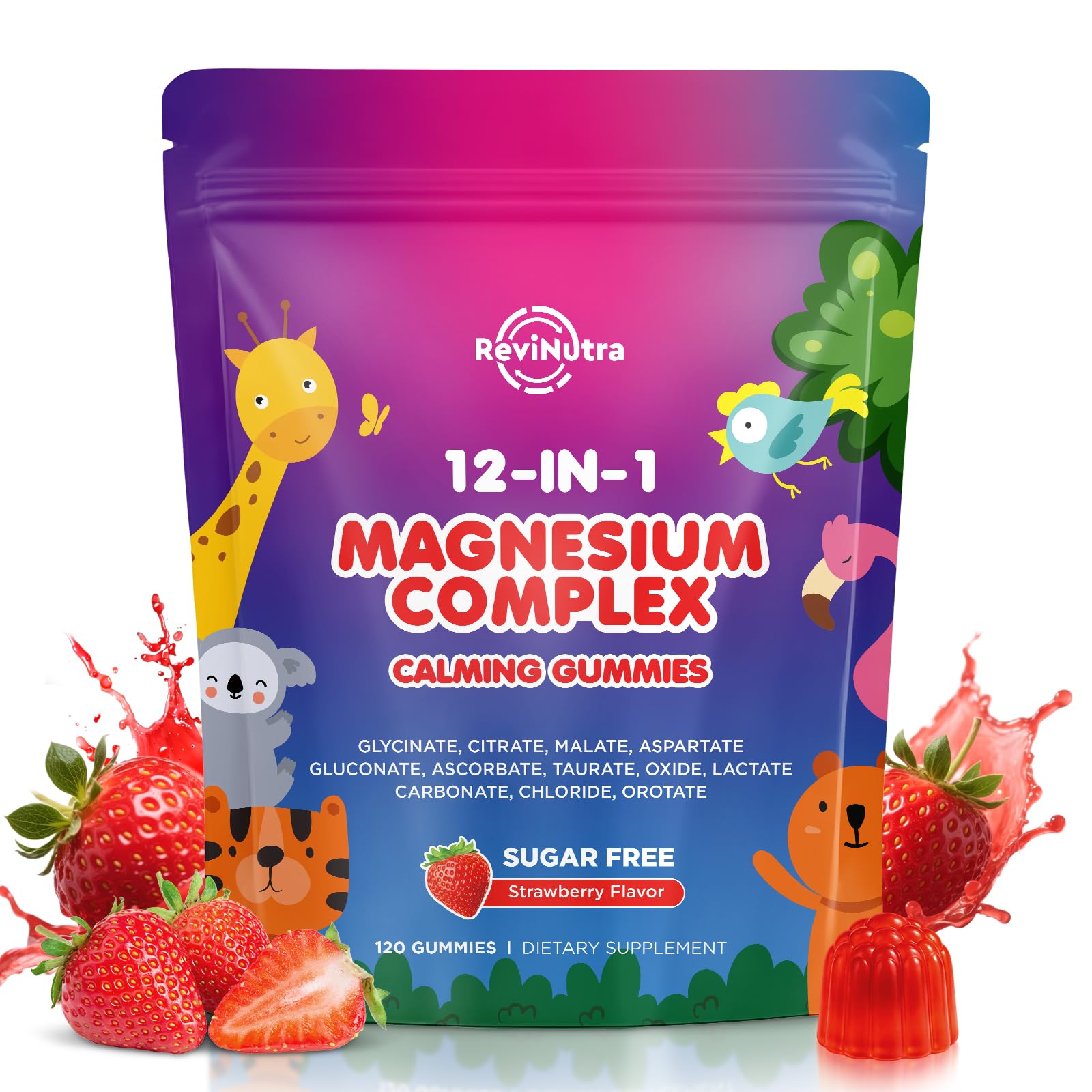 Magnesium Complex 700mg - 12 in 1 Magnesium Gummies with Glycinate, Citrate, Malate, Oxide, Taurate, Aspartate, Orotate - Supports Relaxation, Muscle & Heart - Sugar Free Strawberry 120 Count Delicious Strawberry
