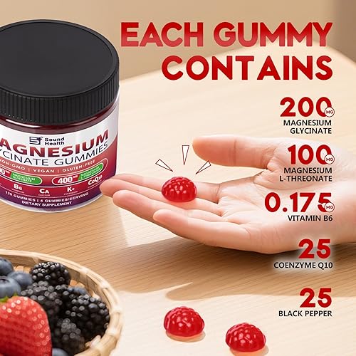 Miniatura 4 de Gomitas de glicinato de magnesio, sin azúcar con L-treonato de magnesio, suplemento de magnesio, gomitas de magnesio de alta absorción, 120