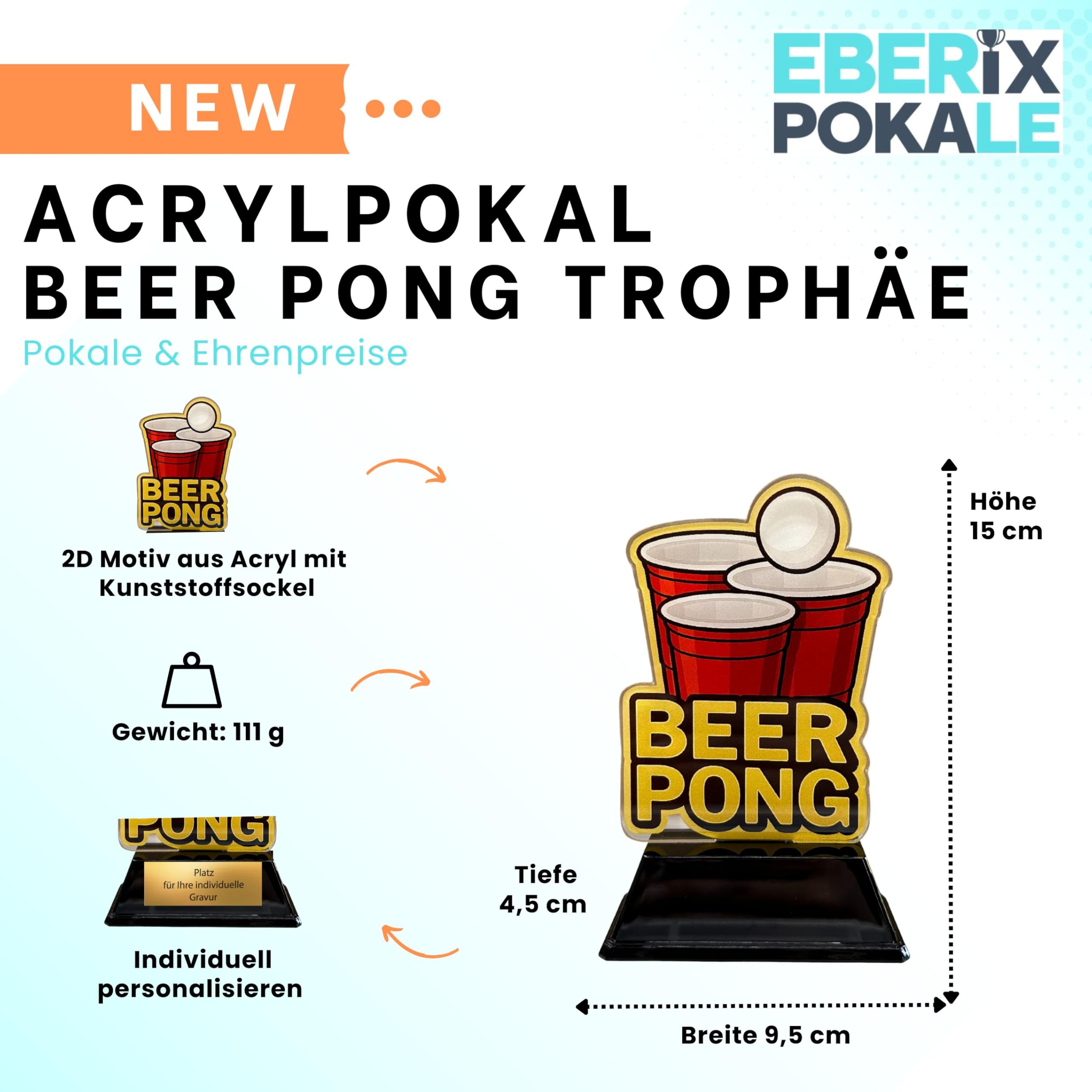 Beer Pong Acryl Pokal 15 cm hoch – Trophäe mit Gravurschild – Award für Partyspiele & Fun Events – personalisierbar
