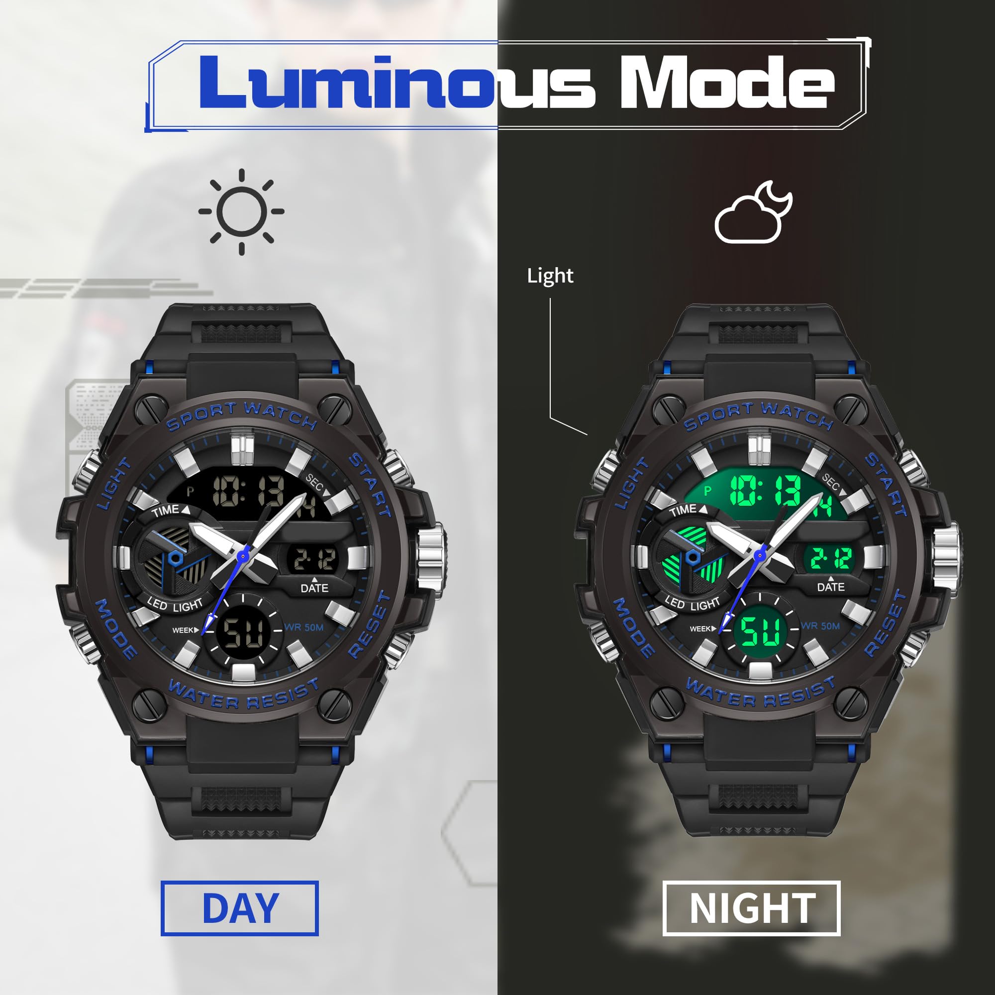 Orologio militare da polso da uomo, multifunzione, analogico, digitale, con cronometro, sveglia per ragazzi, 5 ATM, impermeabile, con illuminazione, data e giorno della settimana, casual