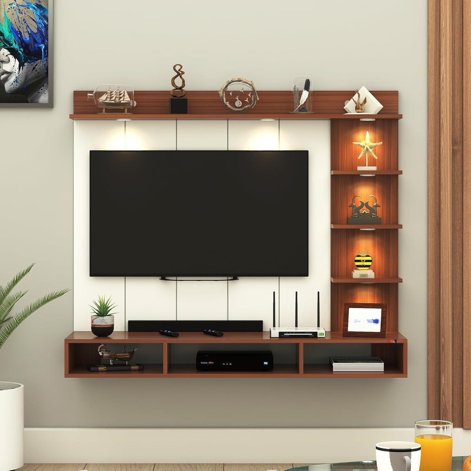 Wall-Mount TV Unit in Walnut Finish – Engineered Wood Stand with LED Lights, Closed Storage & Open Shelves – Stylish PVC Back Panel Cabinet for TVs up to 43-image-40
