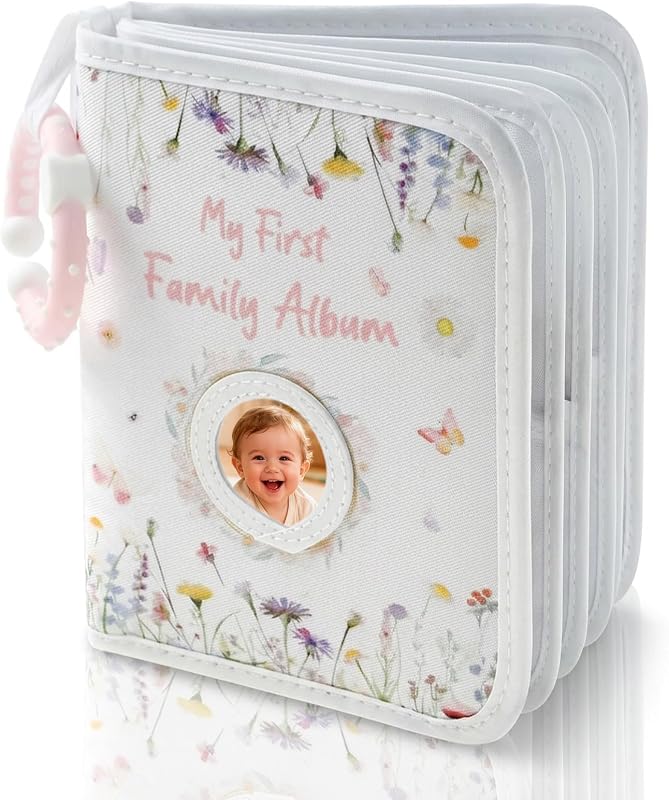 Album photo pour bébé en tissu 18 x 14 cm | 17 photos de 10 x 15 cm | Miroir de sécurité | Page de titre personnalisée | Album bébé Fleurs blanches Cadeau nouveau-né
