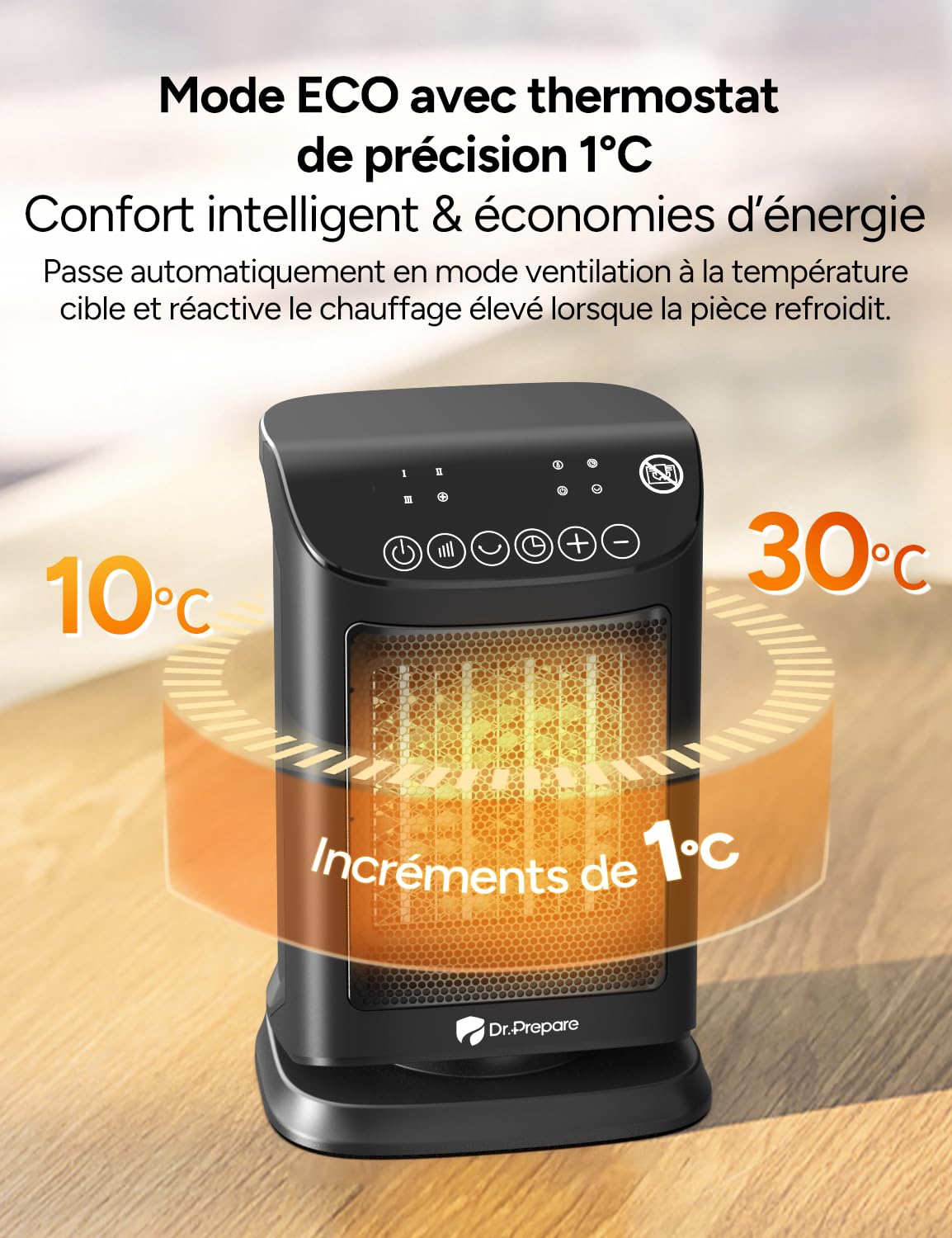 DR.PREPARE Chauffage d'appoint, 1800W PTC Chauffage Soufflant Économique avec Thermostat, Mode Éco, 3 Modes Chauffants, Minuterie 12H, Protection de Sécurité, Silencieux Chauffage Portable Electrique