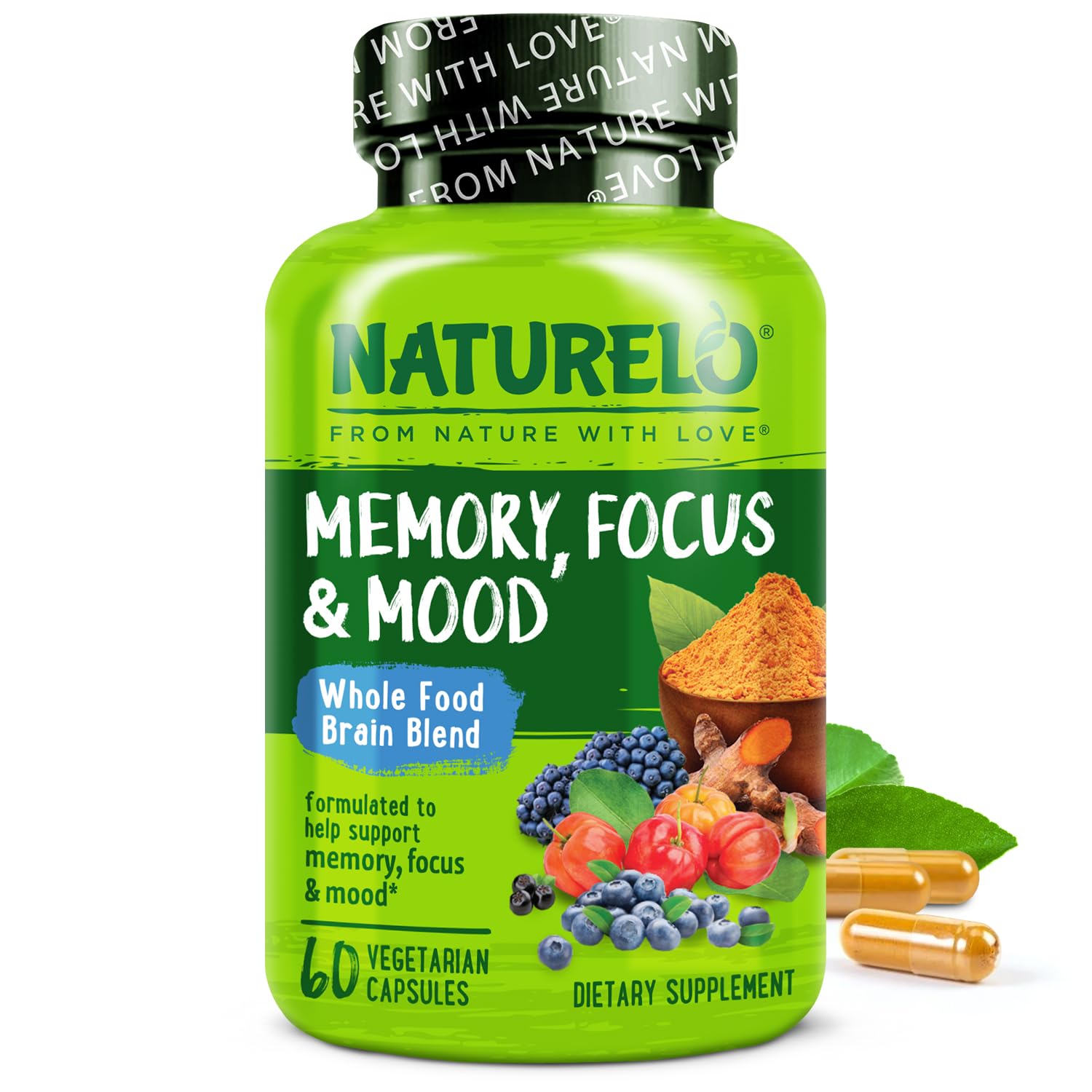 NATURELO Whole Food Brain Supplement - Brain Health Supplements for Memory & Focus Support - Enhance Brain Health Blend Supplement for Adults - 60 Vegetarian Capsules