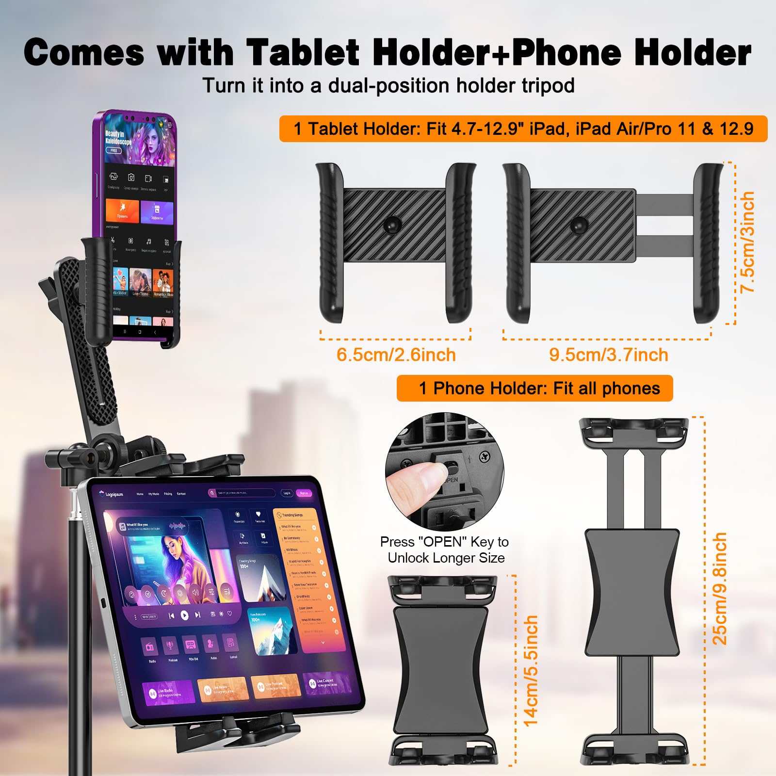 JUBORUI 3-in-1 Tabletstatief, 63 Inch In Hoogte Verstelbare IPad Vloerstandaard Ipad Statiefhouder