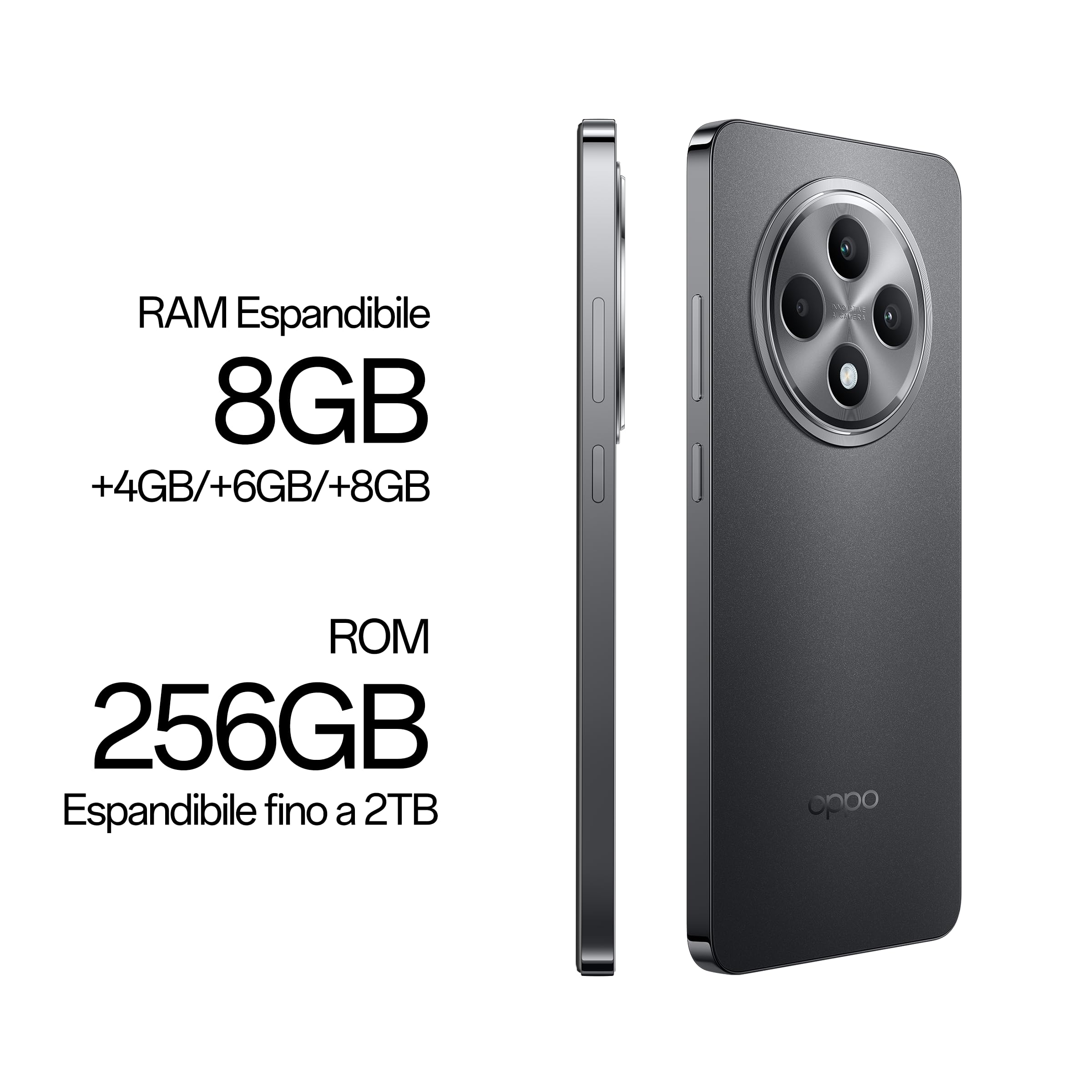 OPPO Reno12 F AI Smartphone, Tripla fotocamera 50+8+2MP, Selfie 32MP, Display 6.67” 120HZ AMOLED FHD+, 5000mAh, RAM 16GB (8+8) +ROM 256GB, Supporto Auto [Versione Italia], Matte Gray