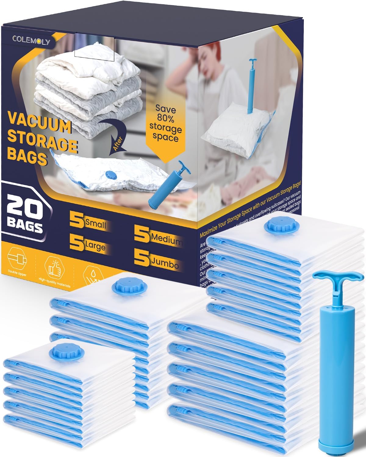 Vacuum Storage Bags with Hand Pump 20 Pack Compression Bags for Travel Space Saver Seal Storage Bags for Clothes (5 Jumbo/5 Large/5 Medium/5 Small)