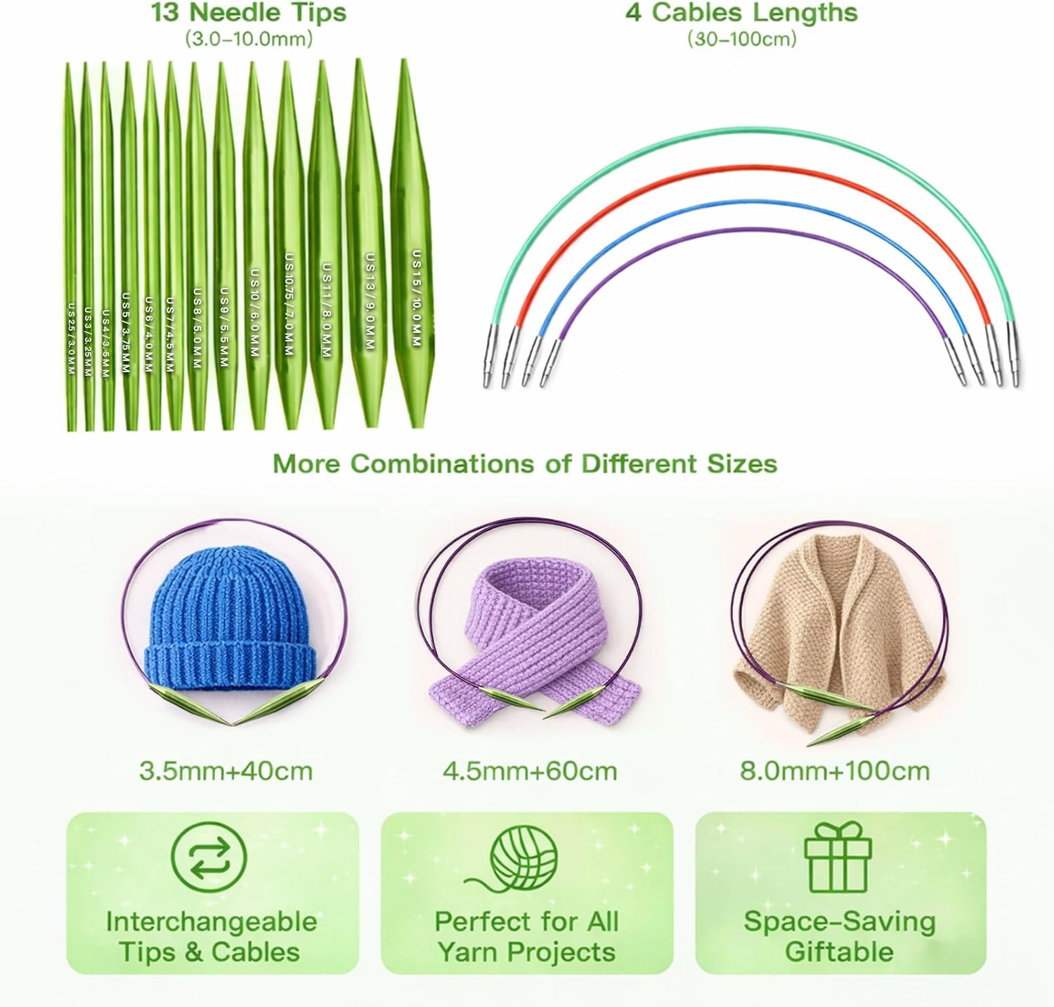 Persevere Interchangeable Knitting Needles Set, 13 Pairs Aluminum Tips 3-10 mm with 4 Cables & Case, Smooth Joints, for Beginner & Advanced Knitters, DIY Crafts, Green