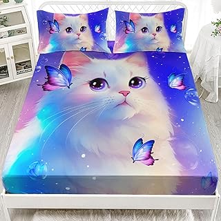 AILONEN Furry Cat Bed Sheet Twin Size, Cat & Butterflies Sheets for Kids Girls Animals Theme Dreamy Purple Bedding Set 3 Pieces Set, 1 Fitted Sheet and 2 Pillowcases