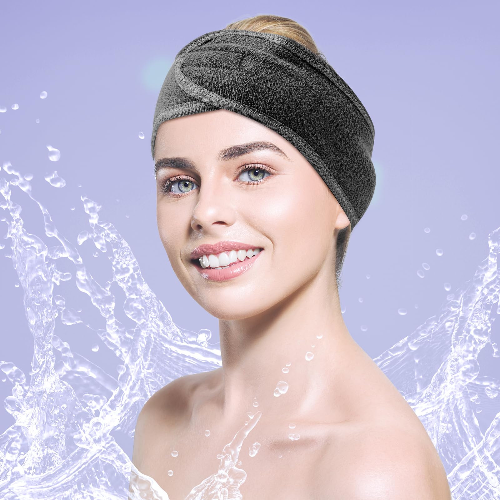 Hoteam Spa-Stirnband, Spa-Gesichts-Stirnband, Spa-Stirnband, Großpackung zum Waschen von Gesicht, Make-up, Stirnband für Dusche, Bad, Sport, verstellbares Handtuch mit Klettverschluss (Silbergrau)