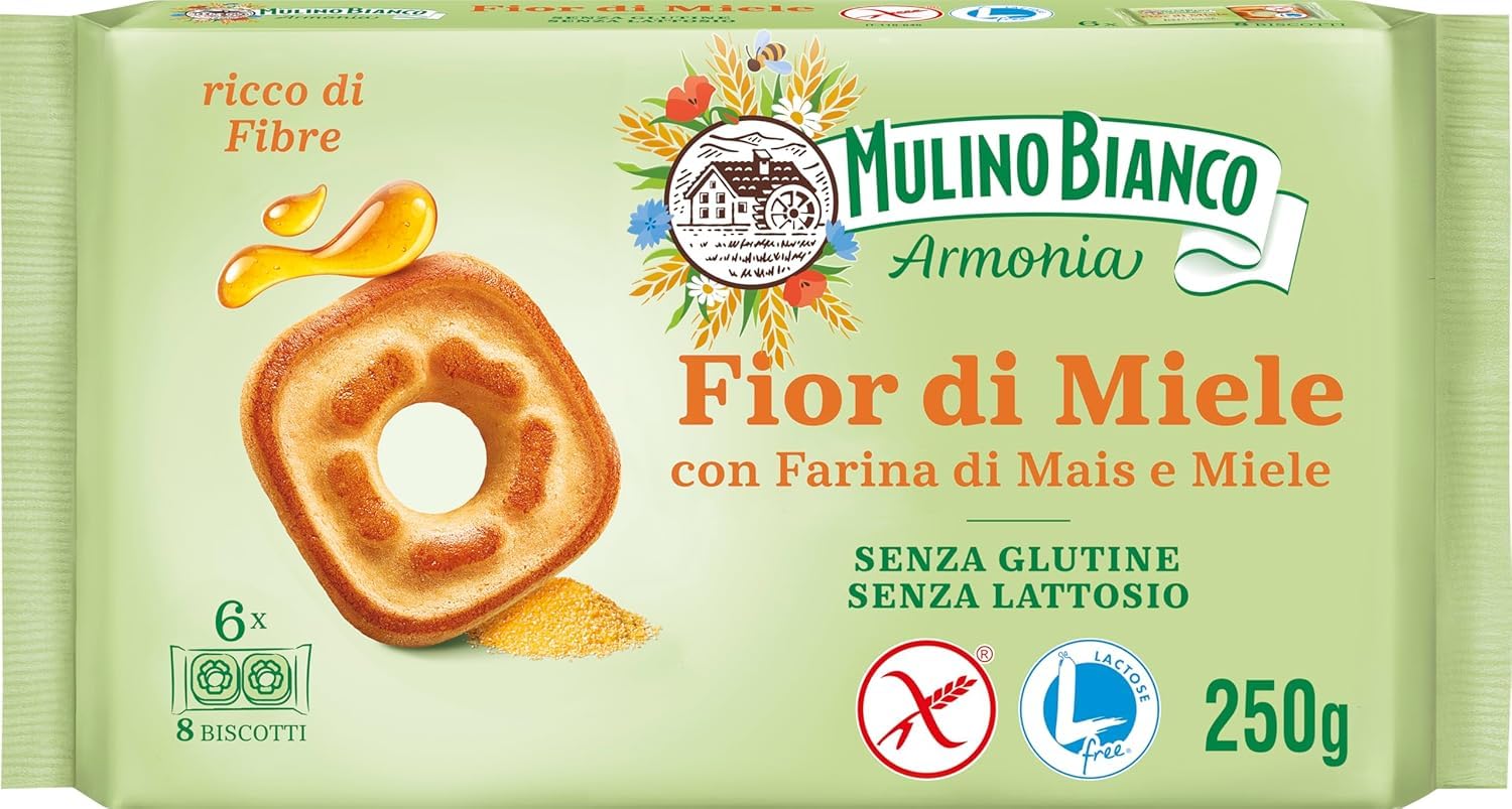 Mulino Bianco Fior di Miele Biscotti Frollini, Kekse mit Millefiori Honig, gluten free biscuits mit Maismehl, Laktose -freier, Gluten und Palmöl, Mulino Armonia, 3x 250g + Italian Gourmet polpa 400g
