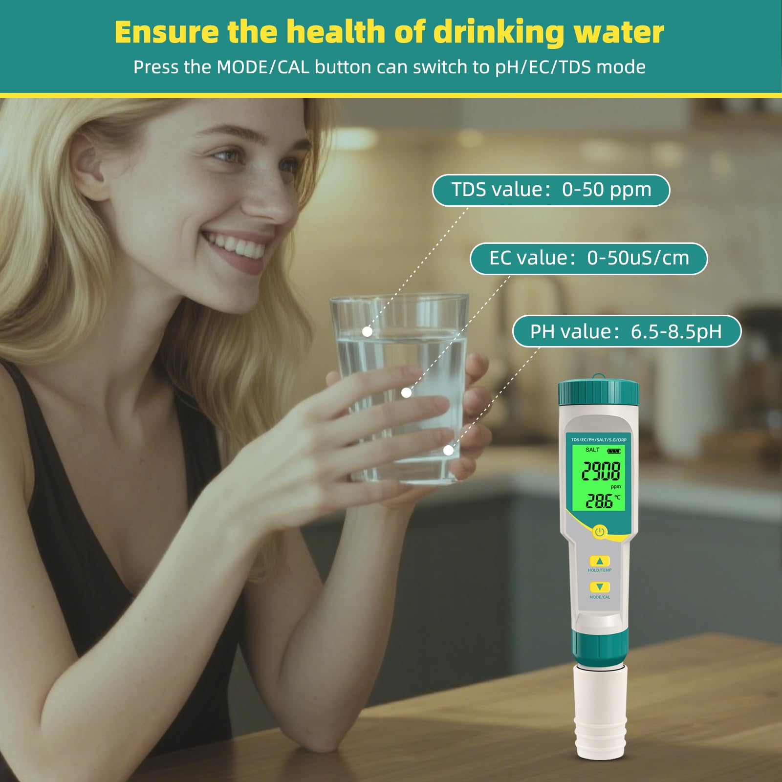 Salzgehalt pH Pool Messgerät, 7 in 1 Salzgehalt Pool Messen für Salzwass Pool, pH Chlor Messgerät pool Wassertester TDS ORP Messgerät für Salzwasser Chlor Pool, Aquarium, Whirlpool