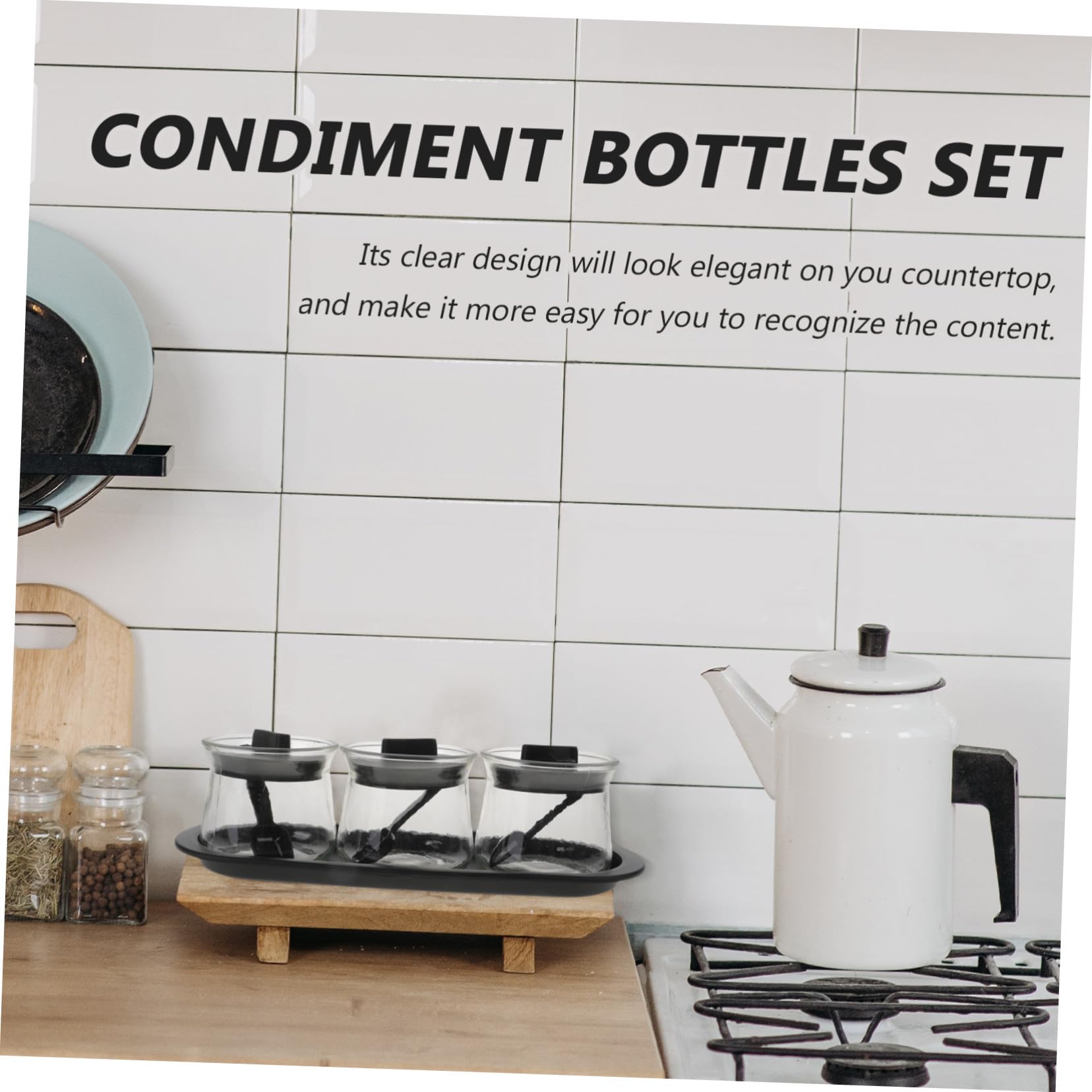 Sosoport Set 3 Barattoli di Spezie e Condimenti in Vetro Soda con Coperchio, Cucchiai e Vassoio, Contenitori Trasparenti per Cucina Organizzata e Conservazione Condimenti