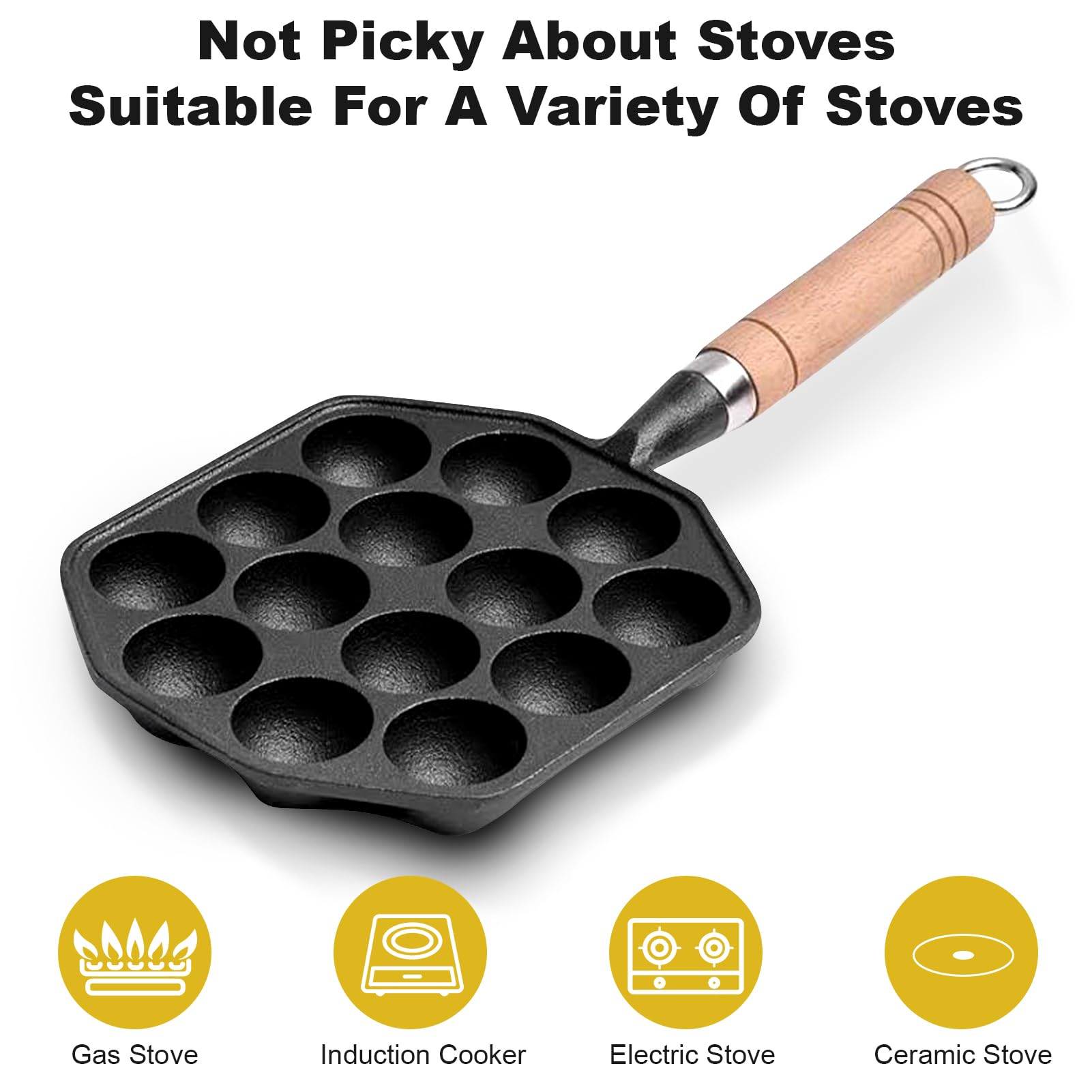 Padella Antiaderente Aebleskivers Takoyaki 14 Fori Ghisa Manico Staccabile