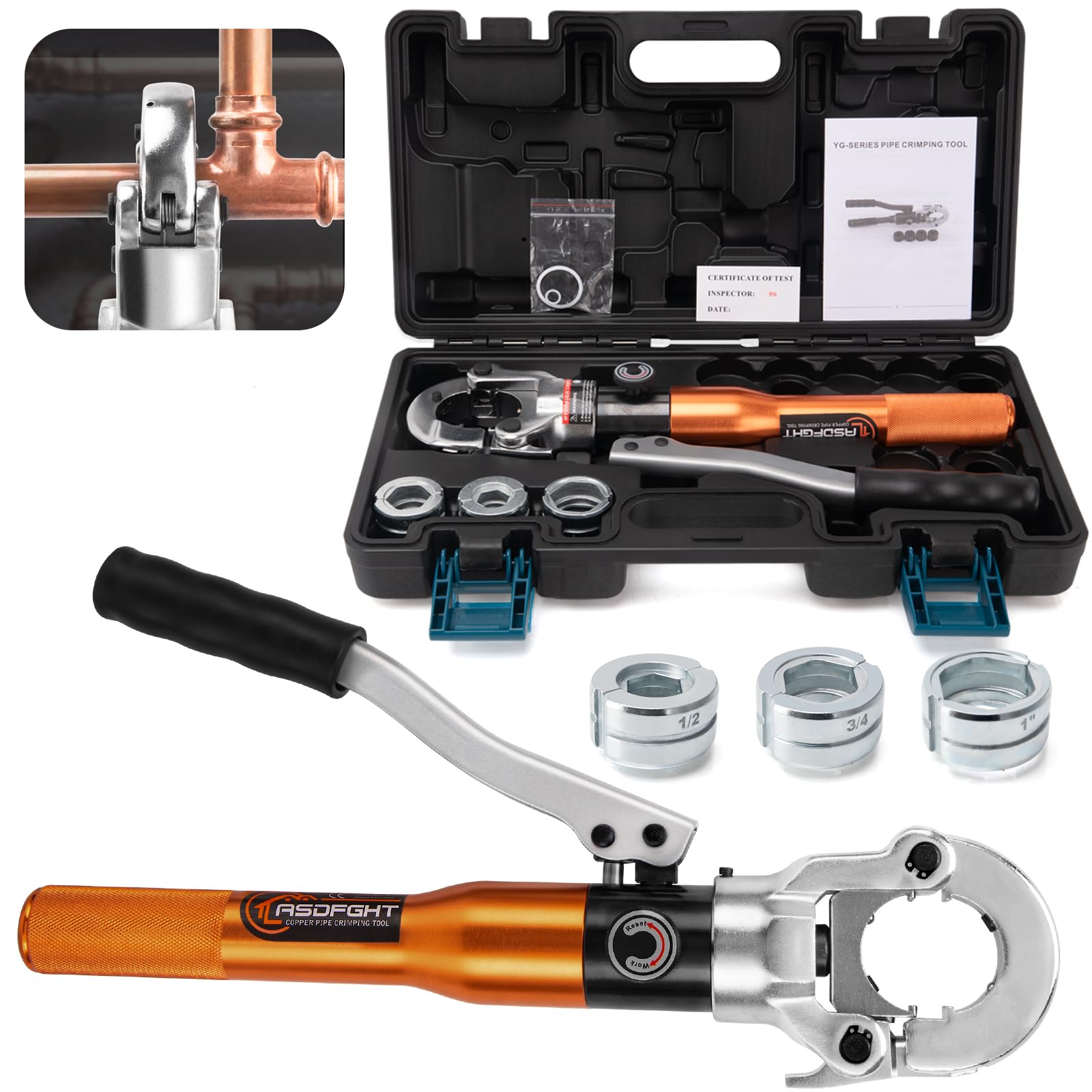 Copper Pipe Crimping Tool - with 1/2", 3/4", 1" Jaws, Copper Tube Fittings Hydraulic Pipe Crimping Tool for Pro Press, Viega Copper Pipe Fittings