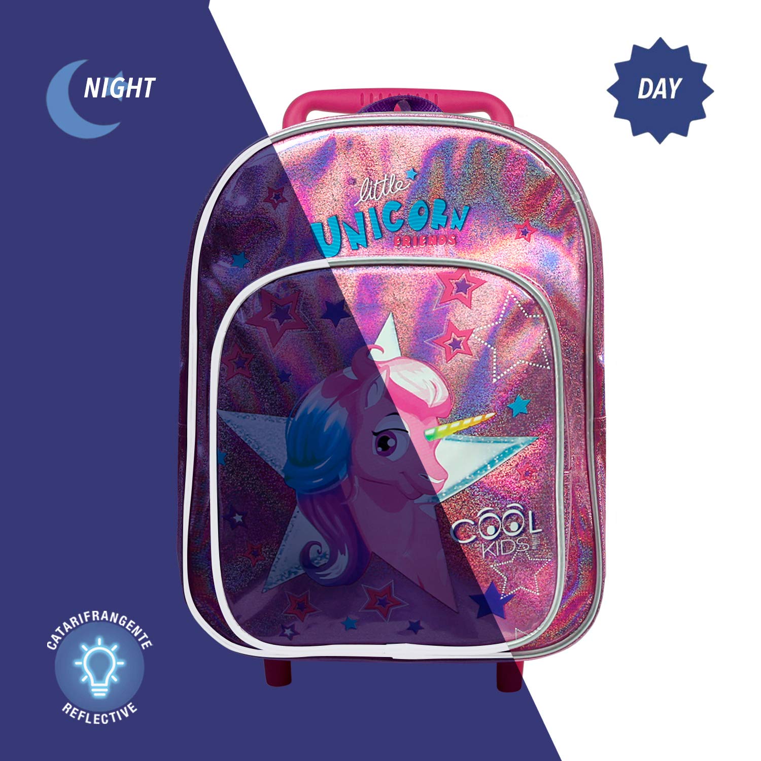 PERLETTI Mini Trolley Bambino Bambina con Tascone - Zainetto Scuola Asilo Bimbo Bimba con Ruote e Spallacci - Borsa Bagaglio da Viaggio Olografica Catarifrangente - 36x26x15 cm
