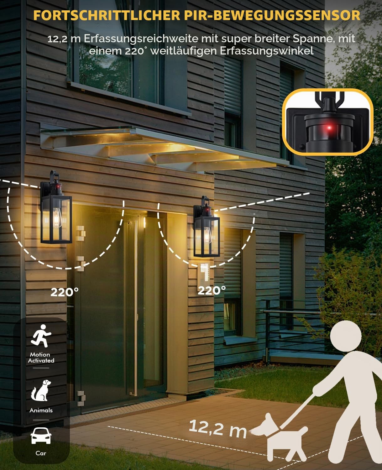 FTL Wandlampe Laterne Aussen mit Bewegungsmelder, 3 Beleuchtungsmodi Aussenlampe mit Bewegungsmelder, E27 Außenwandleuchten, Mattschwarz Ausenbeleutung Hauswand für Veranda, Eingang, IP44 Wasserdichte