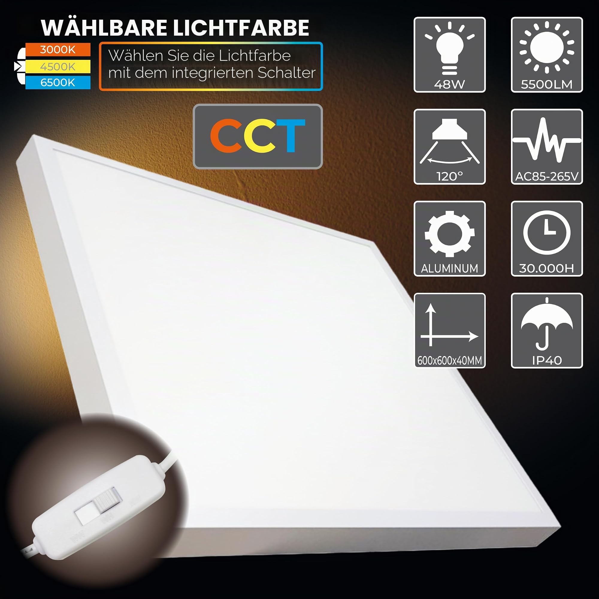 LED ATOMANT Packung mit 2 Quadatisch LED Oberfläche Deckenleucht 60x60cm 48W, CCT (Farbwahlschalter Warmweiß, Neutralweiß oder Kaltweiß), 5500 Lumen, Inklusive Treiber