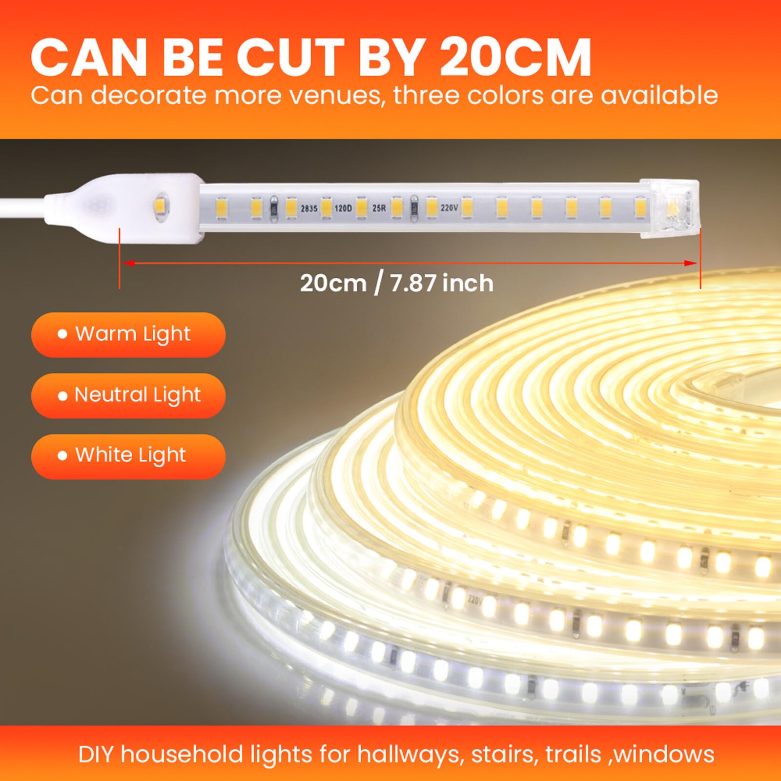XUNATA 50m 220V Tira LED, SMD 2835 120 LEDs/m, Cortable Cada 20cm, IP65 Impermeable para Escalera, Techo, Cocina– Blanco Cálido