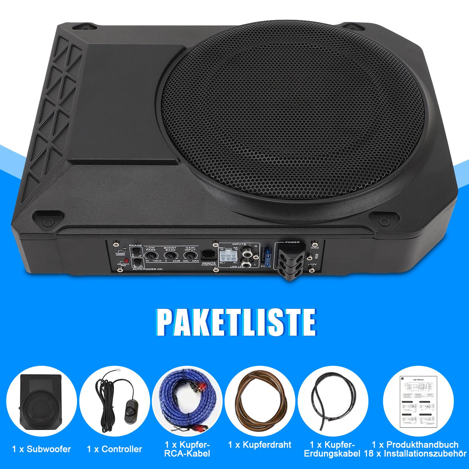 10 Zoll Aktiv Subwoofer Unter Sitz Car Audio Bassbox 800W 2.5 Ohm Ultra Flach Aktiver Auto Subwoofer Mit Verstärker Mit Controller Tiefton Lautsprecher Fahrzeug Sound System Car Truck SUV