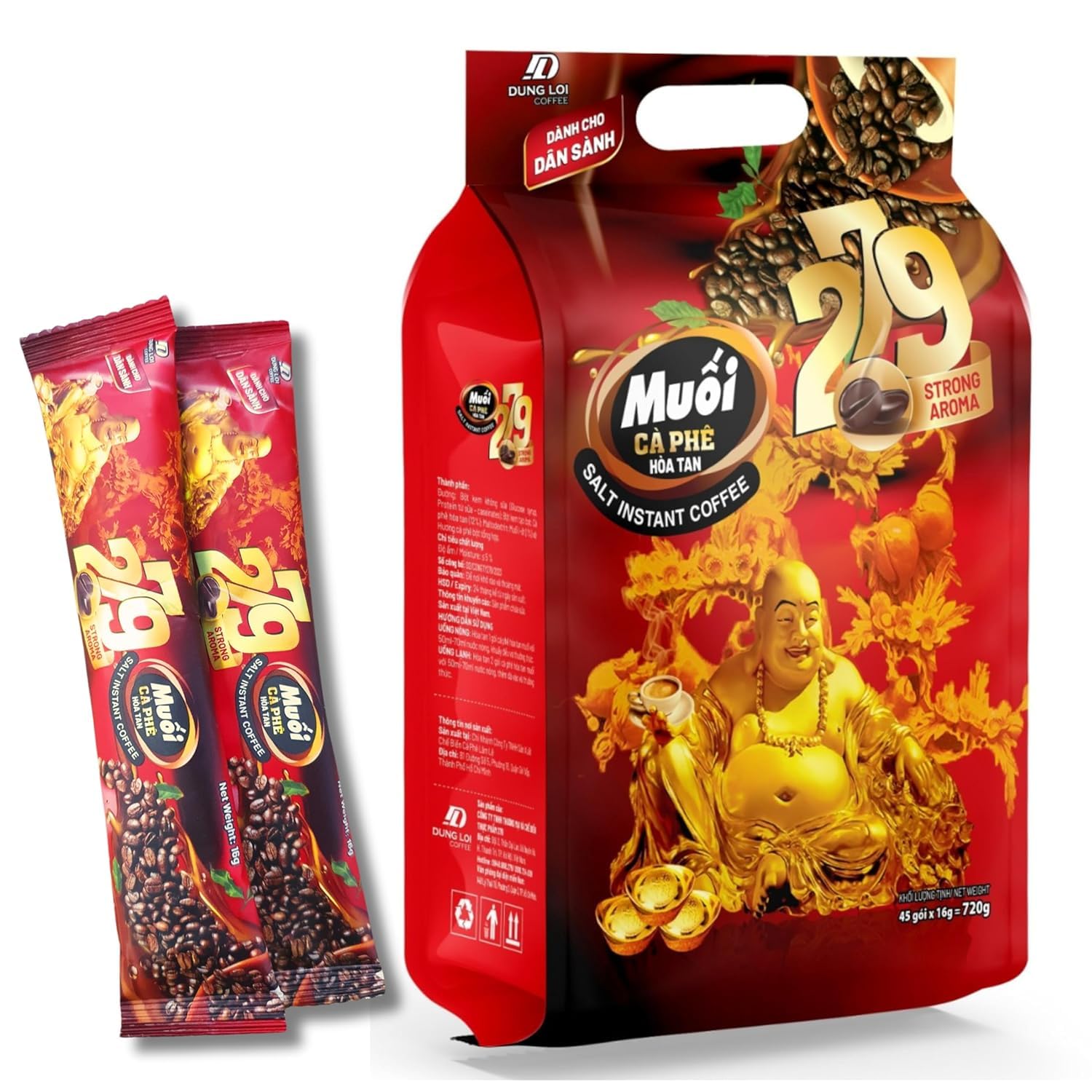 Vietnamese Salt Coffee 279 Strong Aroma – 3 in 1 Instant Coffee with Cream & Salt | 45 Sticks, 720g (25.4 oz) | Authentic Vietnamese Instant Coffee Packets for Hot & Iced Drinks