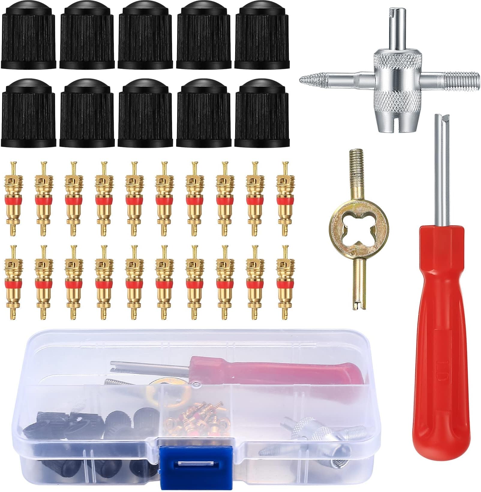 MAKINGTEC 33PCS Tyre Valve Core Tool Kit, Valve Core Remover Tools Including 20pcs Valve Cores 10pcs Valve Caps 1pc Single-Head Valve Core Remover 1pc Dual Head Valve Tool 1pc 4-Way Valve Tool