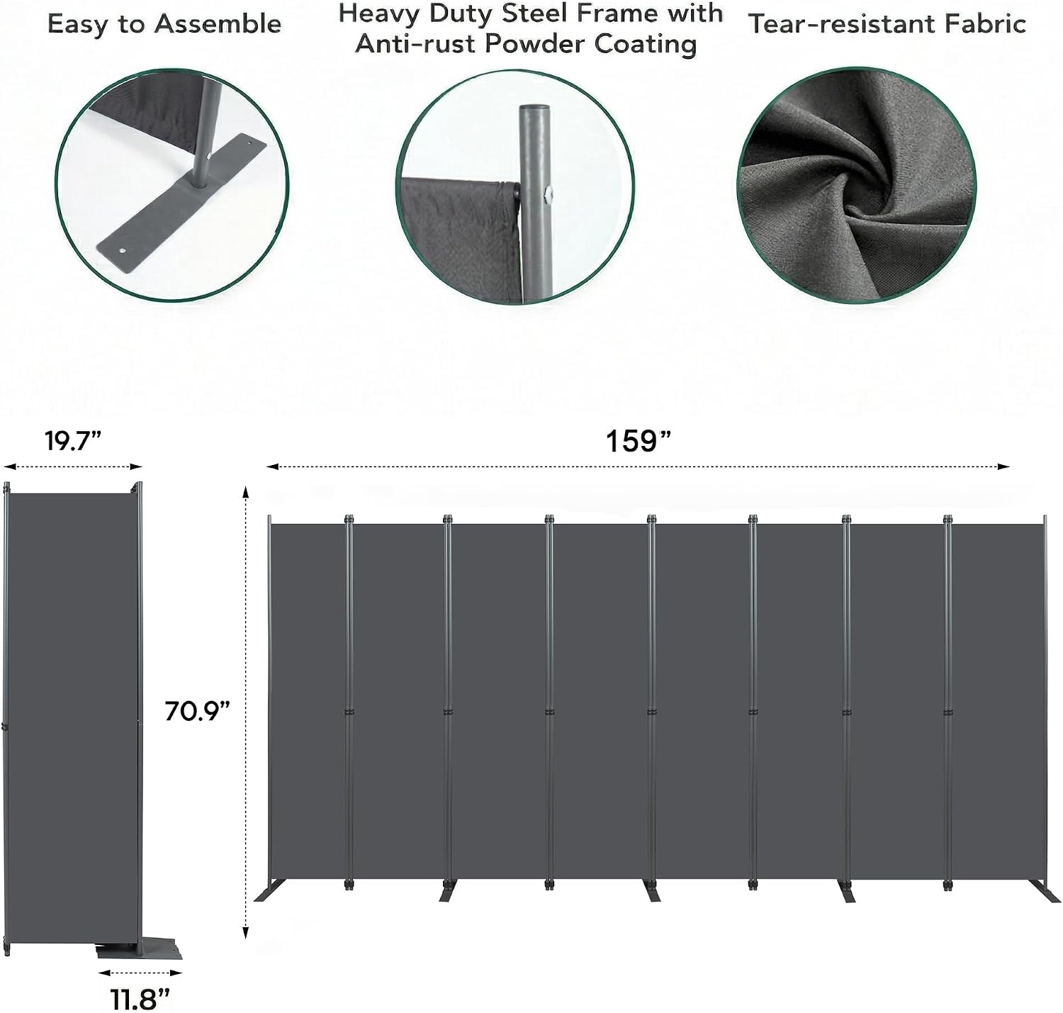 8-Panels Room Divider, 6FT Tall Freestanding Privacy Screen, Portable Partition with Non-Slip Base for Home Office, Bedroom, Studio Room Separation 160" W X 71" H Gray