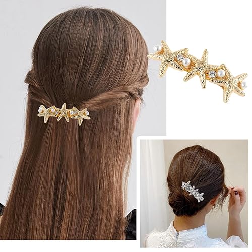 Miniatura 7 de 4 pasadores de pelo de estrella de mar para mujeres y niñas, pinzas para el cabello con perlas de resorte, accesorios para mujer, soportes de cola