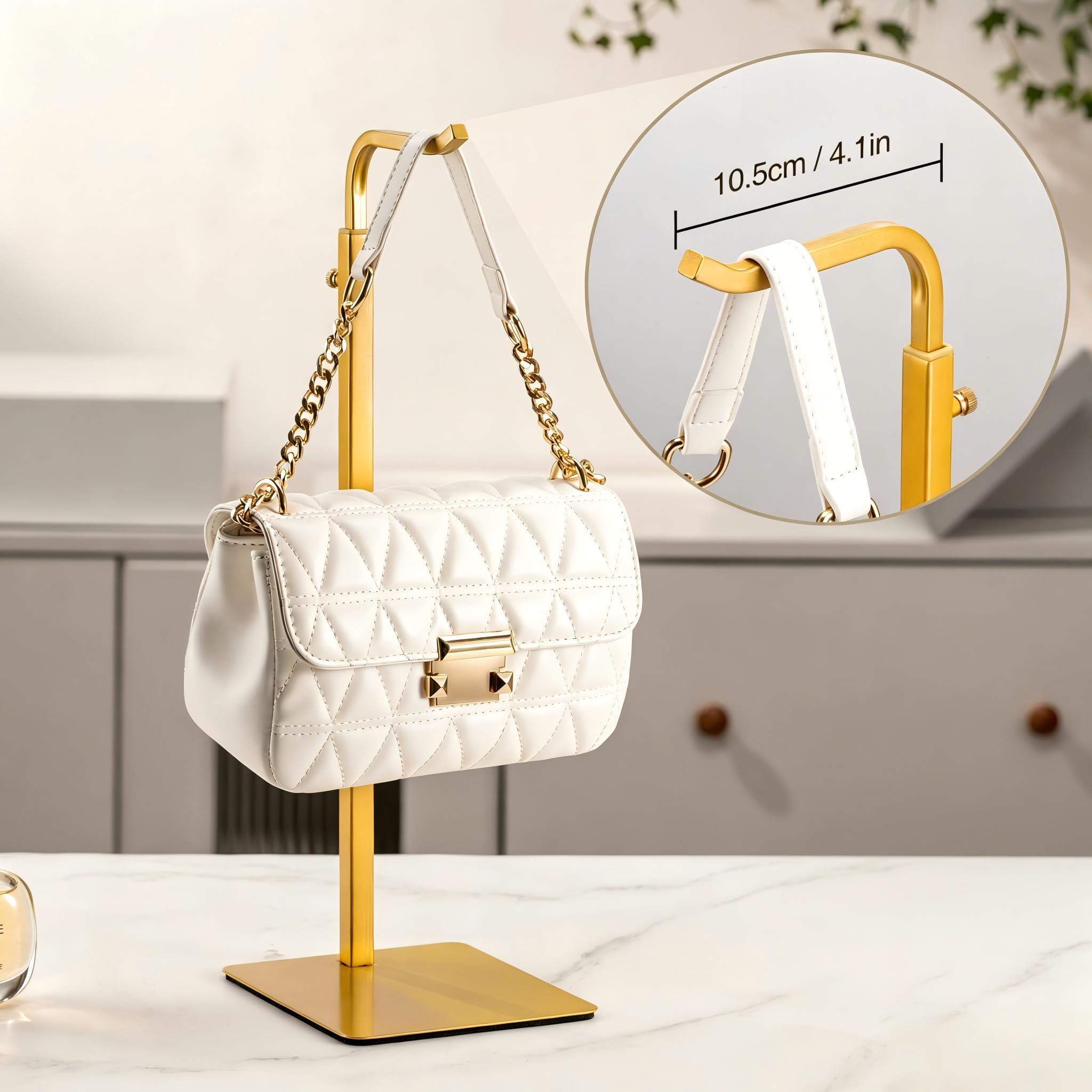 Josmimic 4 piezas de soporte para bolsos en dorado – Soporte ajustable en altura de metal - Soporte para bolsos, joyas y accesorios – Organizador de bolsos estable para armario y mostrador