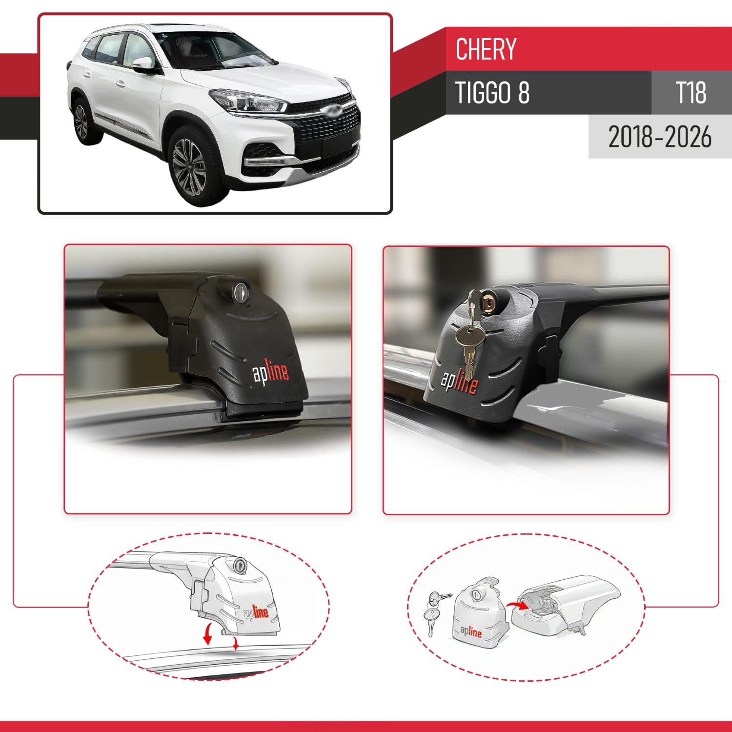 apline Kompatybilny z Chery Tiggo 8 2018-2024 ACE-2 Bagażnik dachowy Railing Bagażnik samochodowy Czarny Aluminium 2 drążki