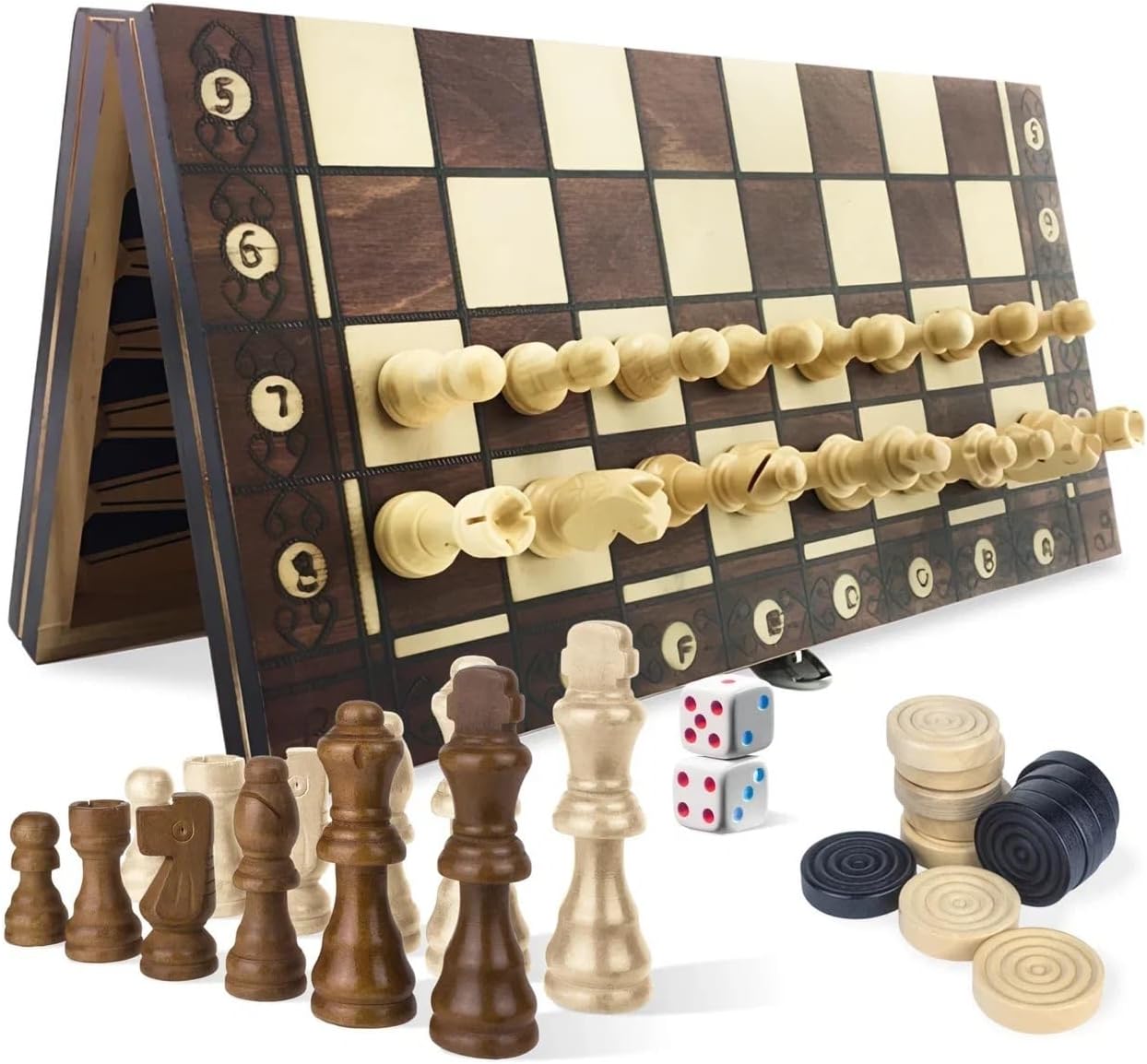 SILVIX | MAGNETIC CHESS, CHECKERS AND BACKGAMMON 3-IN-1 SET 34CM | Wooden Portable And Foldable Chess Board strategic game | Board Games For Adults and Kids | Gift For Parents and Children (Medium)