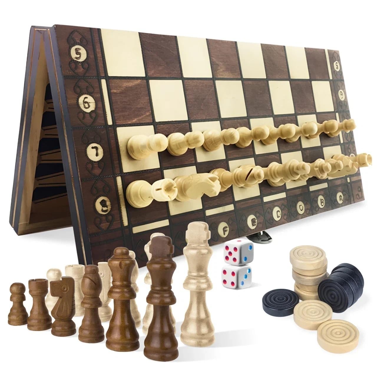 SILVIX | MAGNETIC CHESS, CHECKERS AND BACKGAMMON 3-IN-1 SET 34CM | Wooden Portable And Foldable Chess Board strategic game | Board Games For Adults and Kids | Gift For Parents and Children (Medium)
