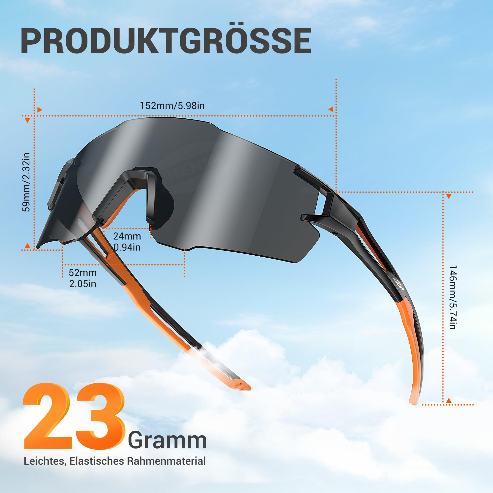 HENMI Sportbrille für Herren Damen – UV400 Schutz Sonnenbrille mit TR90 Rahmen, verstellbarem Nasenpad & Bügel – 2 Varianten: selbsttönend & polarisiert – Ideal für Radsport, Laufen & Outdoor